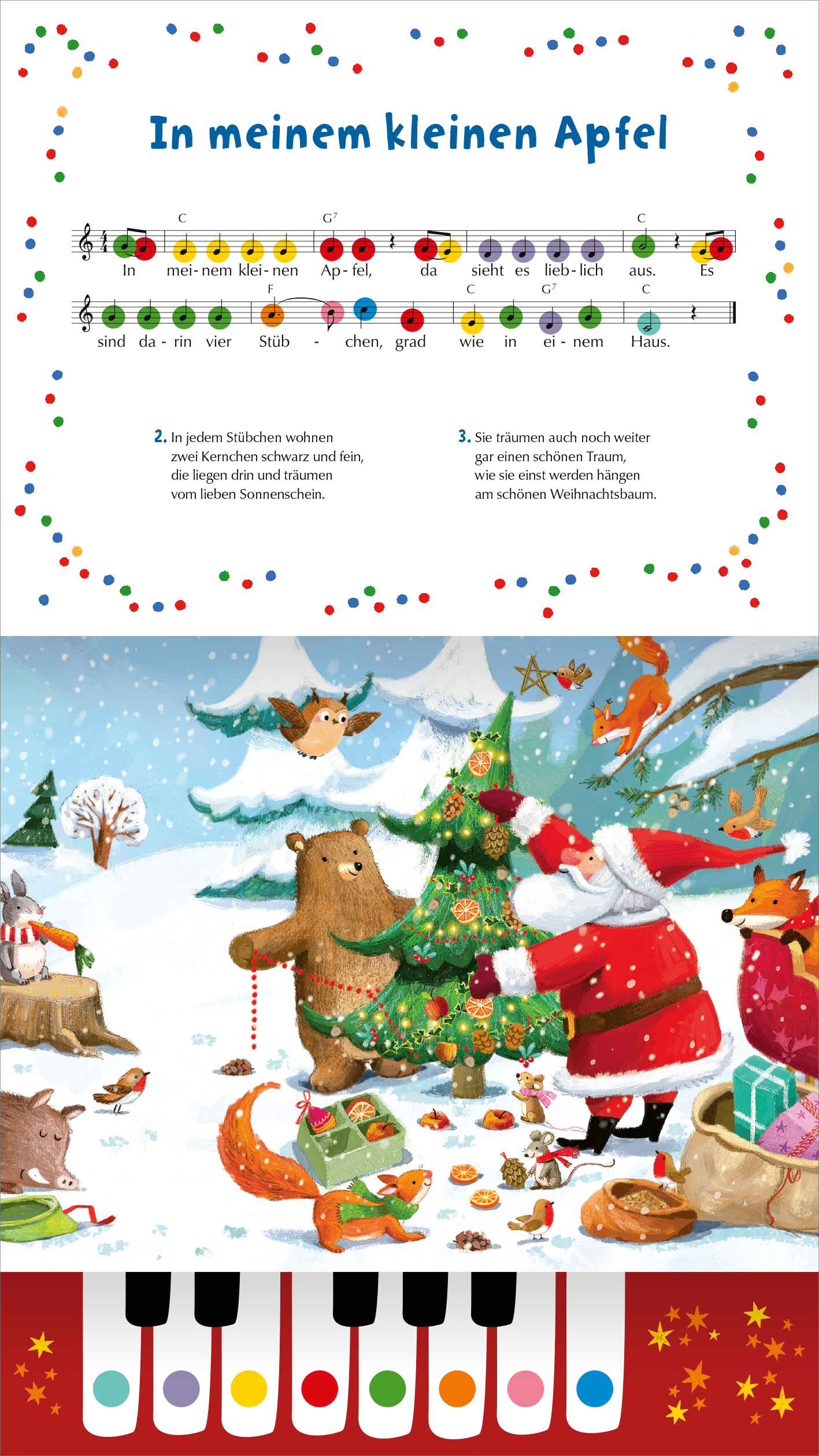 Gezeigt wird eine Innen- oder Zusatzansicht von „Mein Weihnachts-Klavierbuch“. Die Seite zeigt eine farbenfrohe Illustration mit einem weihnachtlichen Szenario, das einen Bären, einen Weihnachtsmann und verschiedene Tiere darstellt, die um einen geschmückten Baum versammelt sind. Über der Illustration befindet sich ein Notenblatt mit dem Titel „In meinem kleinen Apfel“, umrahmt von bunten Punkten. Die Typografie ist kindgerecht und in lebendigen Farben gehalten, während die untere...