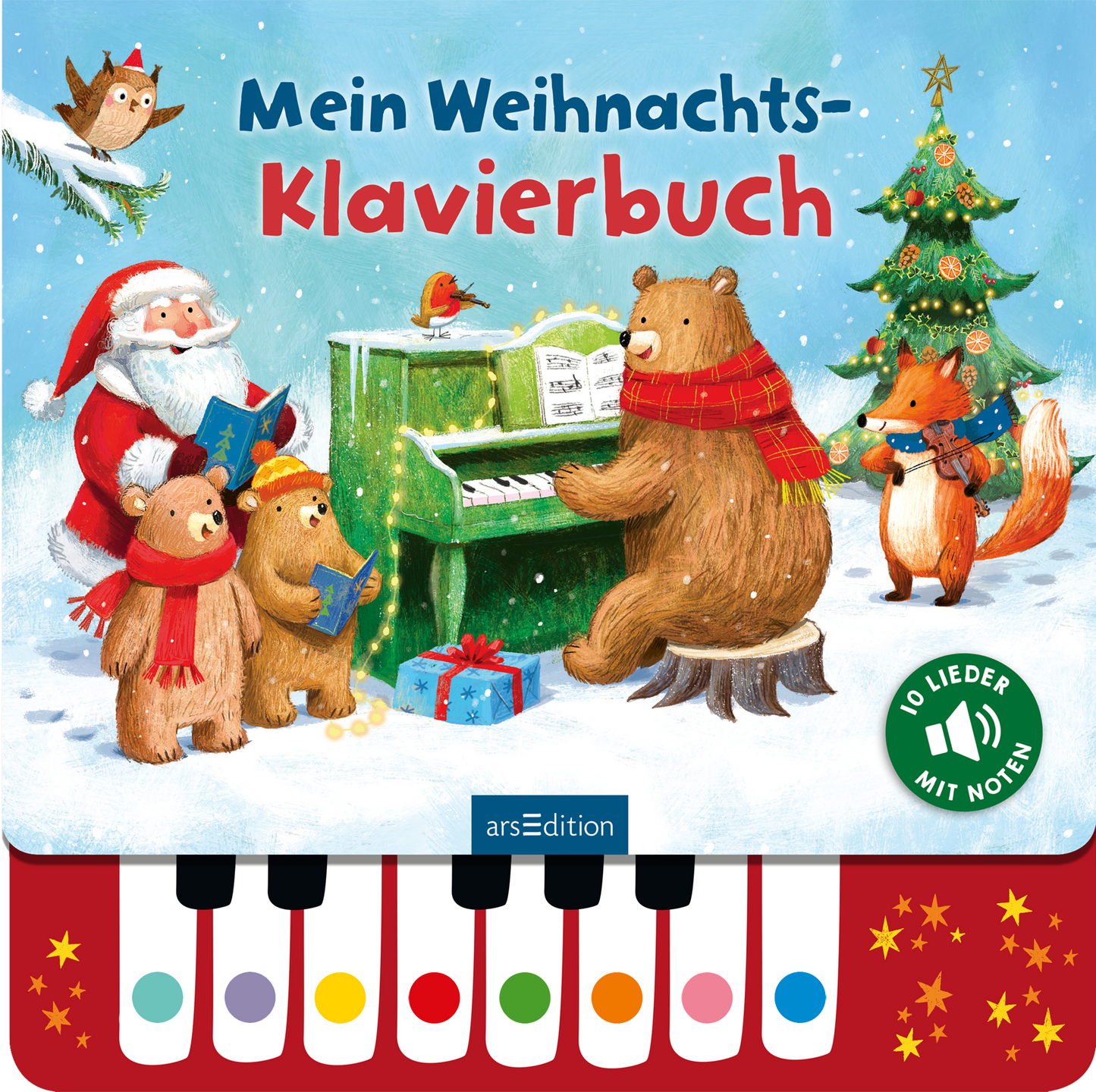 Das Cover zeigt eine winterliche Szene mit einem fröhlichen Weihnachtsmann und mehreren Tiercharakteren, darunter Bären und ein Fuchs, die um ein grünes Klavier versammelt sind. Die Tiere tragen bunte Schals und halten Liederblätter in den Pfoten. Die kräftigen Farben wie Rot, Grün und Weiß verleihen dem Cover eine festliche Atmosphäre. Der Titel „Mein Weihnachts-Klavierbuch“ ist in großen, verspielten Buchstaben geschrieben. Oben rechts befindet sich ein Button mit der Aufschrift...