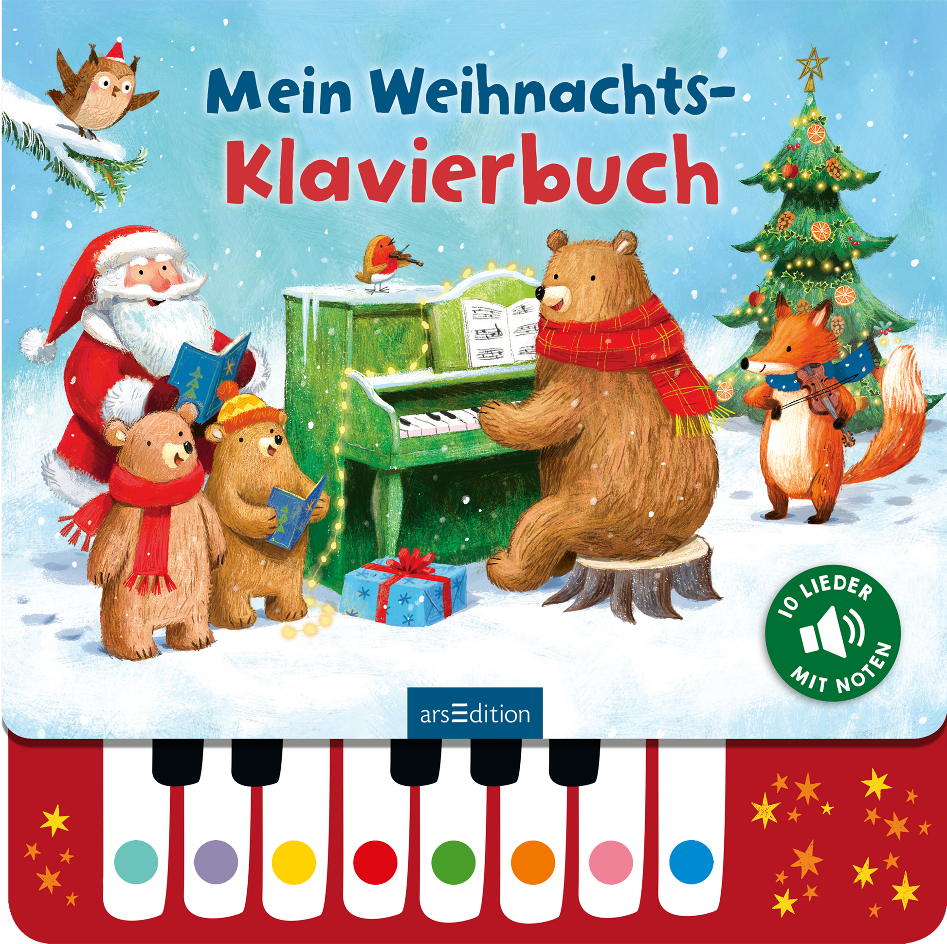 Das Cover zeigt eine winterliche Szene mit einem fröhlichen Weihnachtsmann und mehreren Tiercharakteren, darunter Bären und ein Fuchs, die um ein grünes Klavier versammelt sind. Die Tiere tragen bunte Schals und halten Liederblätter in den Pfoten. Die kräftigen Farben wie Rot, Grün und Weiß verleihen dem Cover eine festliche Atmosphäre. Der Titel „Mein Weihnachts-Klavierbuch“ ist in großen, verspielten Buchstaben geschrieben. Oben rechts befindet sich ein Button mit der Aufschrift...
