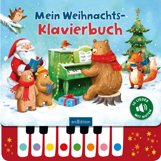Das Cover zeigt eine winterliche Szene mit einem fröhlichen Weihnachtsmann und mehreren Tiercharakteren, darunter Bären und ein Fuchs, die um ein grünes Klavier versammelt sind. Die Tiere tragen bunte Schals und halten Liederblätter in den Pfoten. Die kräftigen Farben wie Rot, Grün und Weiß verleihen dem Cover eine festliche Atmosphäre. Der Titel „Mein Weihnachts-Klavierbuch“ ist in großen, verspielten Buchstaben geschrieben. Oben rechts befindet sich ein Button mit der Aufschrift...