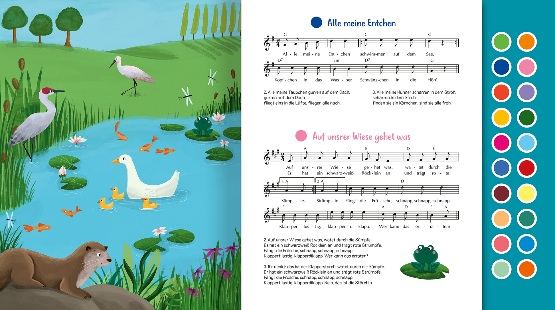 Gezeigt wird eine Innen- oder Zusatzansicht von „Sing mit!“. Auf der linken Seite ist eine bunte, farbenfrohe Illustration eines Teichs mit verschiedenen Tieren wie einem Graureiher und einer weißen Ente zu sehen. Die rechte Seite enthält Notenblätter mit Kinderliedern, die in klarer, gut lesbarer Typografie gesetzt sind. Die Farben der Noten sind in lebendigen Tönen wie Blau, Pink und Gelb gehalten, um die Aufmerksamkeit zu fördern. Der Hintergrund ist überwiegend dunkelgrün, was...