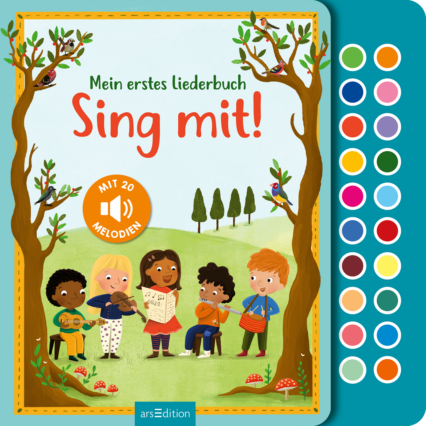 Das Buchcover zeigt eine freundliche, farbenfrohe Illustration mit fünf Kindern, die zusammen musizieren. Die zentrale Überschrift „Mein erstes liederbuch Sing mit!“ ist in leuchtendem Rot geschrieben. Umgeben von bunten Bäumen und einem grünen Hügel vermittelt die Szene eine fröhliche, einladende Atmosphäre. Oben links ist ein gelber Button mit dem Text „MIT 20 MELODIEN“ platziert. Ganz unten mittig steht der Logoschriftzug von arsEdition.