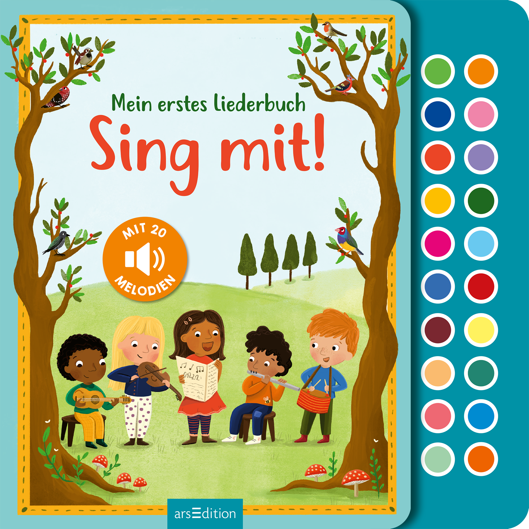 Das Buchcover zeigt eine freundliche, farbenfrohe Illustration mit fünf Kindern, die zusammen musizieren. Die zentrale Überschrift „Mein erstes liederbuch Sing mit!“ ist in leuchtendem Rot geschrieben. Umgeben von bunten Bäumen und einem grünen Hügel vermittelt die Szene eine fröhliche, einladende Atmosphäre. Oben links ist ein gelber Button mit dem Text „MIT 20 MELODIEN“ platziert. Ganz unten mittig steht der Logoschriftzug von arsEdition.