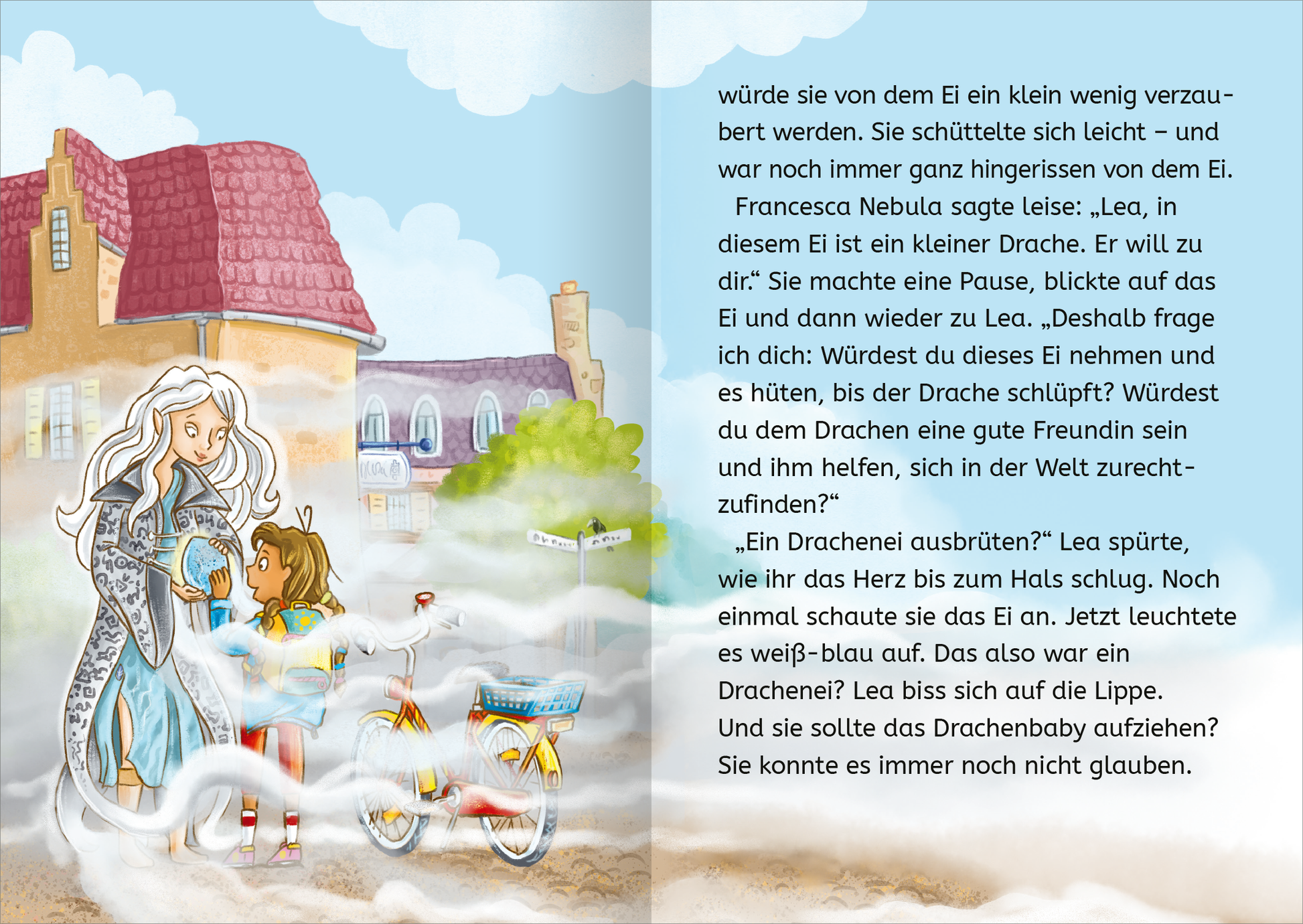 Gezeigt wird eine Innen- oder Zusatzansicht von „Retter der Drachen – Sei schnell wie der Wind!“. Auf der Doppelseite sieht man eine farbenfrohe Illustration mit einem hellblauen Himmel und sanften Wolken. Im Vordergrund stehen eine graue, älter aussehende Frau mit langen, silbernen Haaren und ein junges Mädchen mit lockigem, braunem Haar. Hinter ihnen erscheint ein Dorf mit roten Ziegeldächern, während ein Fahrrad in lebhaftem Rot und Gelb zu erkennen ist. Der Text ist in einer gut...