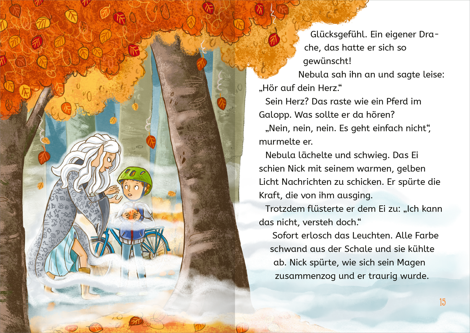 Gezeigt wird eine Innen- oder Zusatzansicht von „Retter der Drachen – Erwecke das Feuer!“. Die Szene zeigt einen Jungen in einem blauen Radhelm, der auf einem Rollstuhl sitzt und mit einer geheimnisvollen, grauen Figur spricht. Die Umgebung ist von herbstlichen Bäumen mit orangefarbenen Blättern umgeben. Der Text ist links in klarer, dunkler Schrift auf hellem Hintergrund gesetzt und thematisiert Emotionen wie Freude und Traurigkeit. Die Illustration ist lebhaft und freundlich gestaltet.