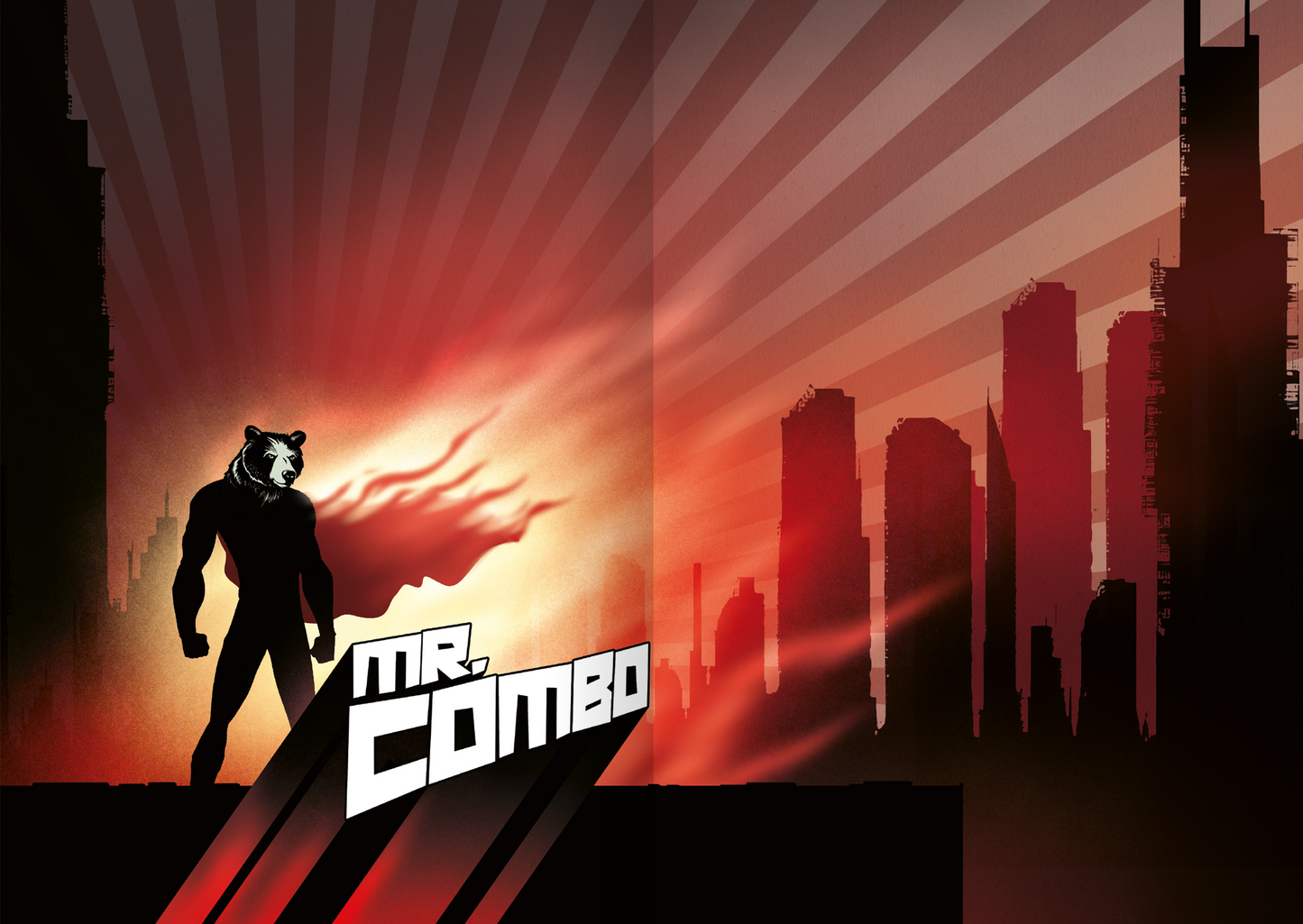 Gezeigt wird eine Innen- oder Zusatzansicht von „Das Buch mit dem Fluch – Mach das weg!“. Die Illustration zeigt eine dynamische Szene mit einer silhouettenhaften Figur, die einen Bärenkopf trägt, vor einer urbanen Kulisse. Der Hintergrund ist in lebendigen Rot- und Orangetönen gehalten, in denen strahlende Linien abstrahierte Sonnenstrahlen darstellen. Der Titel „MR. COMBO“ ist groß und markant in weißer typografischer Schrift unter der Figur positioniert, was einen kraftvollen...