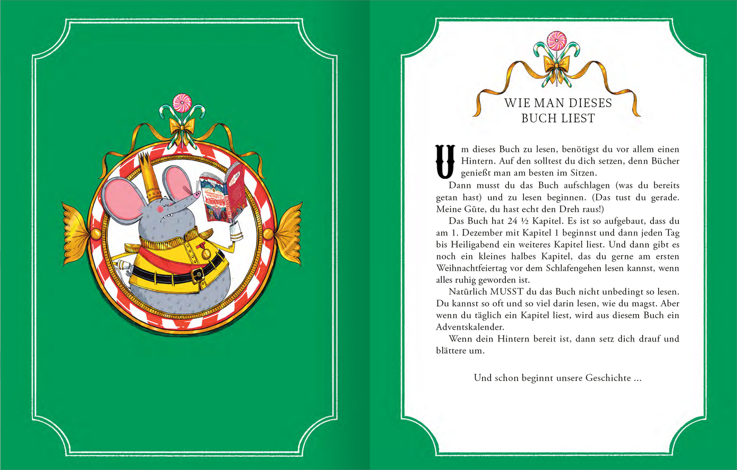 Gezeigt wird eine Innen- oder Zusatzansicht von „Der Nussknacker und der Mäusekönig“. Die Doppelseite präsentiert auf der linken Seite eine runde Illustration einer Maus mit großen Ohren in einem bunten Kostüm, umgeben von Süßigkeiten. Der Hintergrund ist leuchtend grün. Auf der rechten Seite befindet sich der Text „WIE MAN DIESES BUCH LIEST“ in einer verspielten, gut lesbaren Schrift, ergänzt durch eine dekorative Umrandung und ein Rosendetail, das farblich harmoniert.