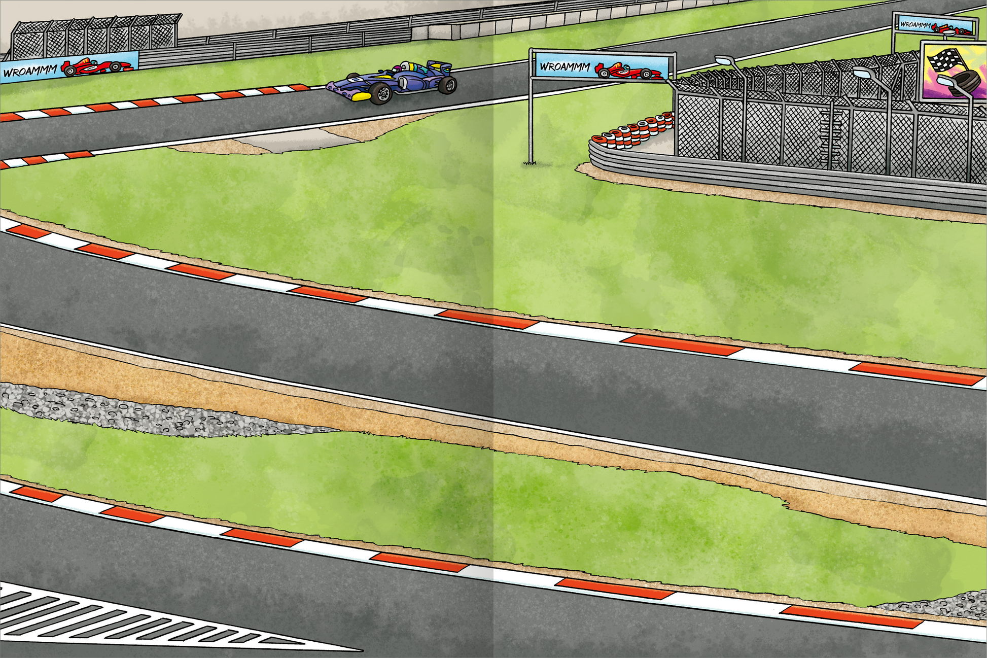 Gezeigt wird eine Innen- oder Zusatzansicht von „Das superdicke Stickerheft – Fahrzeuge“. Die Illustration zeigt eine Rennstrecke mit einer blauen Rennwagen, der um eine Kurve fährt. Die Strecke ist im Vordergrund mit rot-weißen Markierungen und grünem Gras umgeben. Im Hintergrund sind Werbeschilder und ein Zaun zu sehen. Die Farbpalette ist lebhaft, mit dominanten Blau- und Grüntönen. Die Typografie der Schilder ist klar lesbar, jedoch ohne spezielle Schriftzüge oder Details.