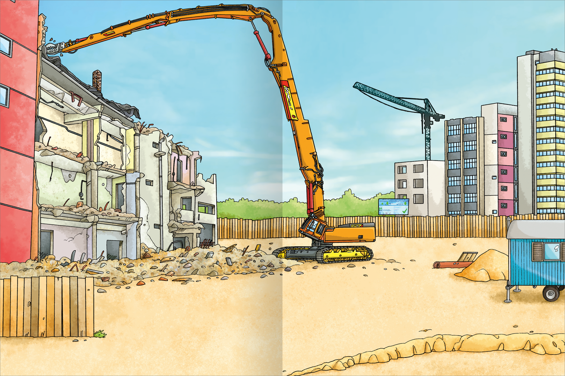 Gezeigt wird eine Innen- oder Zusatzansicht von „Das superdicke Stickerheft – Fahrzeuge“. Die Illustration zeigt eine Baustelle mit einem großen gelben Kran, der ein Gebäude abreißt. Im Hintergrund sind moderne Hochhäuser sowie ein planiertes Gelände sichtbar. Die Farbpalette umfasst sanfte Pastelltöne und kräftige Farben, wodurch das Bild lebendig wirkt. Die Typografie ist klar und gut lesbar, ergänzt durch Beschriftungen, die die Fahrzeuge und deren Funktionen erläutern.