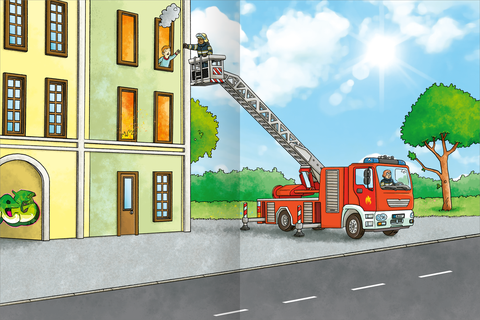 Gezeigt wird eine Innen- oder Zusatzansicht von „Das superdicke Stickerheft – Fahrzeuge“. Die Illustration zeigt ein rotes Feuerwehrfahrzeug mit einer langen Leiter, das an einem gelben Gebäude parkt. Aus einem Fenster steigt Rauch auf, während ein Feuerwehrmann eine Person in Sicherheit bringt. Bunte Bäume und ein blauer Himmel mit Wolken im Hintergrund schaffen eine helle, lebendige Atmosphäre. Die Schrift ist klar und deutlich, in kindgerechter Größe gehalten.