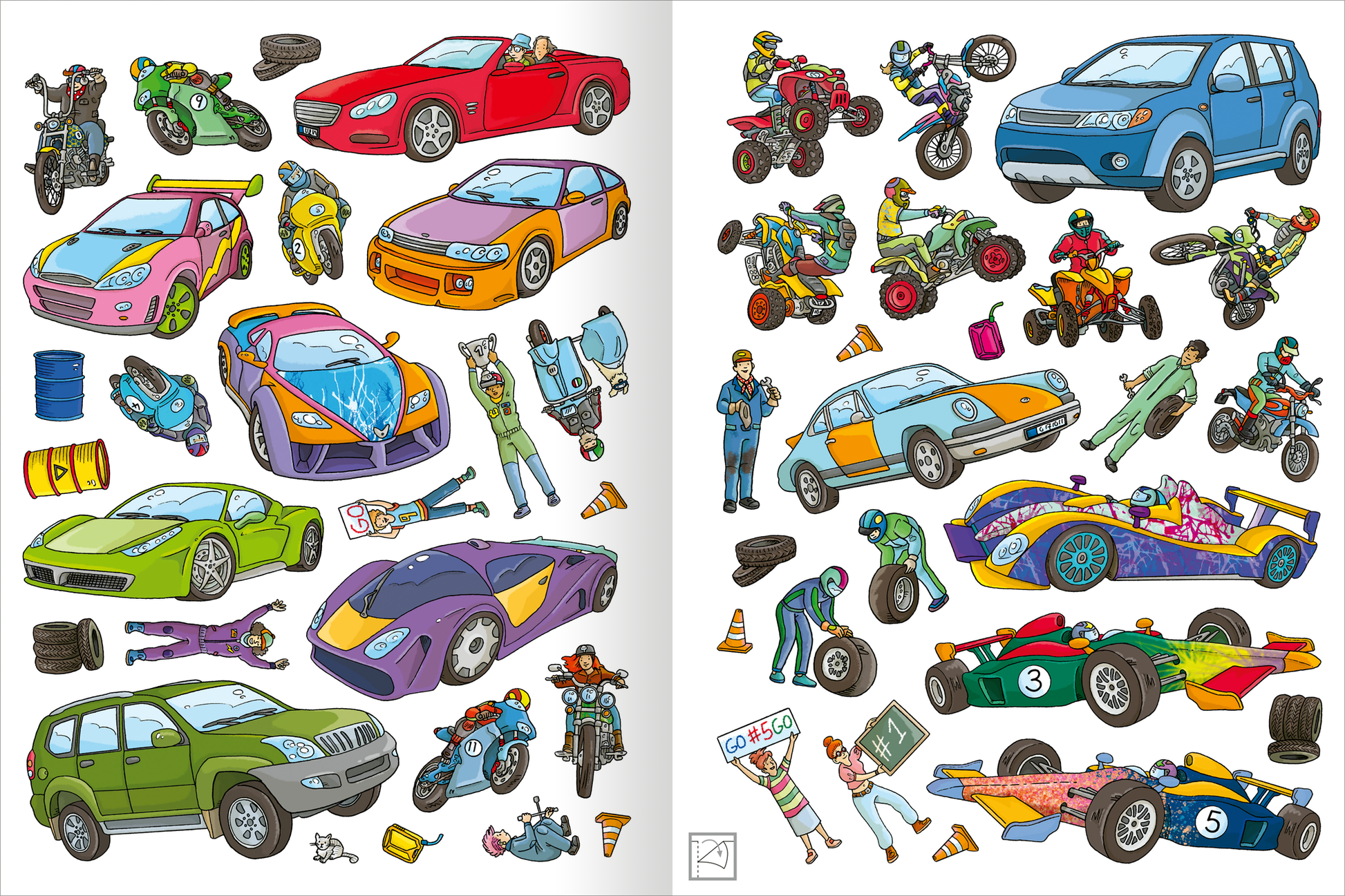 Gezeigt wird eine Innen- oder Zusatzansicht von „Das superdicke Stickerheft – Fahrzeuge“. Die Seite zeigt eine Vielzahl bunter Fahrzeugaufkleber, darunter Sportwagen, Motorräder, Quads und ein Geländewagen. Die Farben sind lebhaft, mit kräftigen Tönen wie Rot, Blau, Grün und Lila. Daneben sind mehrere Figuren dargestellt, darunter Mechaniker und Fahrer. Die Typografie ist spielerisch gestaltet, was die dynamische Atmosphäre unterstützt.
