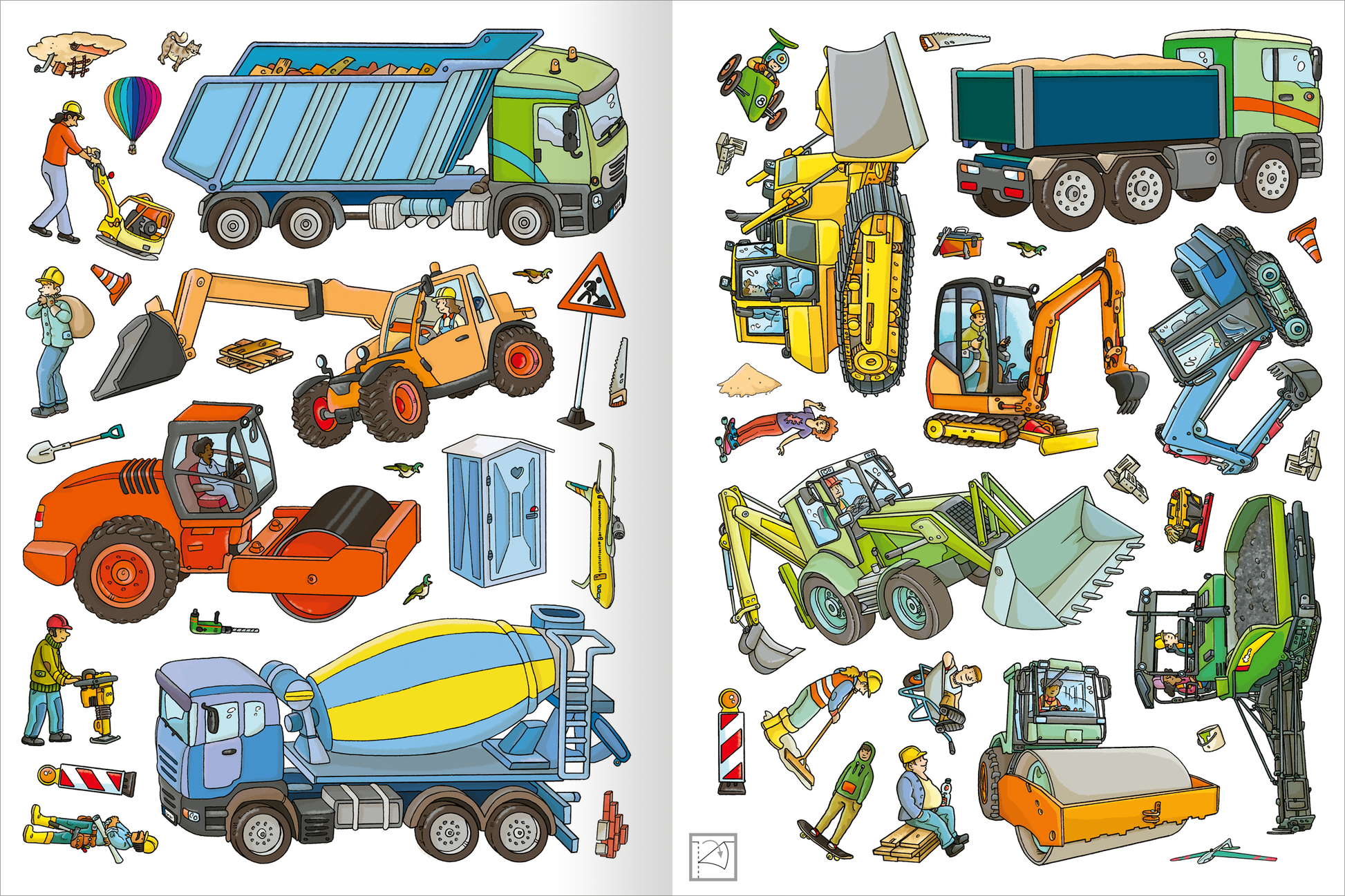Gezeigt wird eine Innen- oder Zusatzansicht von „Das superdicke Stickerheft – Fahrzeuge“. Die farbenfrohe Illustration zeigt verschiedene Baustellenfahrzeuge wie Lkw, Bagger und Radlader. Dominierende Farben sind Gelb, Grün, Orange und Blau. Zahlreiche kleine Figuren interagieren mit den Fahrzeugen. Die Typografie ist kindgerecht und verspielt, was das Thema „Fahrzeuge“ lebendig unterstreicht. Sticker-Symbole und Baustellelemente ergänzen das Gesamtbild.