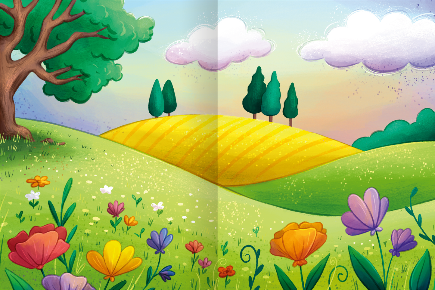 Gezeigt wird eine Innen- oder Zusatzansicht von „Mein schillerndes Stickerheft – Zauberhafte Einhornwelt“. Die Illustration zeigt eine farbenfrohe Landschaft mit sanften Hügeln in verschiedenen Grüntönen und einem leuchtend gelben Feld. Bunte Blumen in Rosa, Orange, Lila und Weiß schmücken die Wiese. Im Hintergrund stehen stilisierte, grüne Bäume unter einem strahlend blauen Himmel mit flauschigen, weißen Wolken. Die fröhlichen Farben und das freundliche Design schaffen eine...