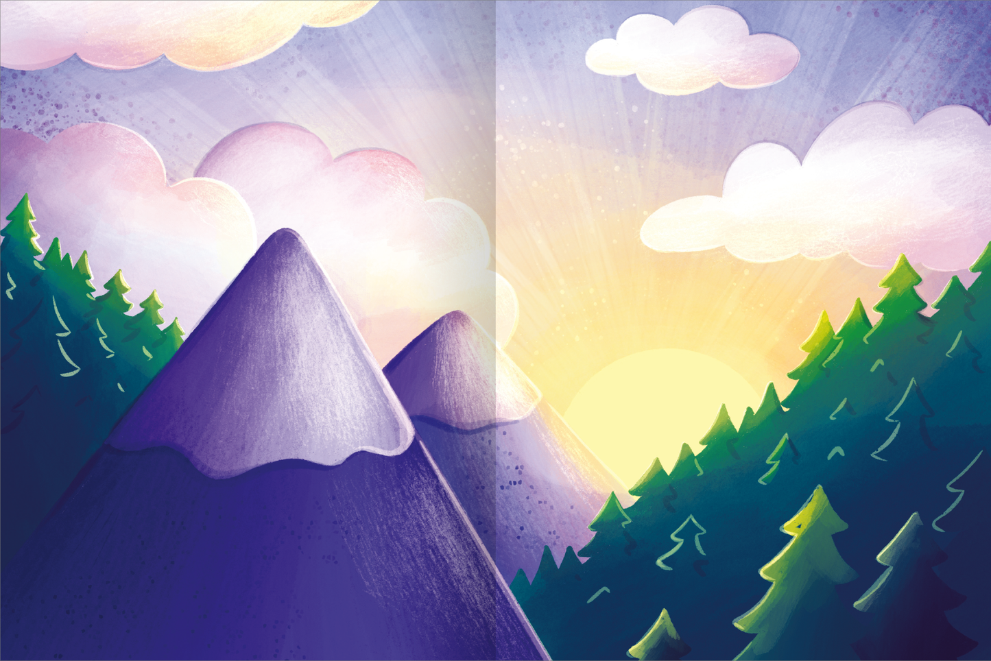 Gezeigt wird eine Innen- oder Zusatzansicht von „Mein schillerndes Stickerheft – Zauberhafte Einhornwelt“. Die Illustration zeigt sanfte lila Berge, die im Vordergrund hervortreten und von grünen, stilisierten Tannenbäumen umgeben sind. Ein strahlender Sonnenaufgang mit warmen Gelb- und Orangetönen hebt sich im Hintergrund, ergänzt durch pastellfarbene Wolken, die eine magische Atmosphäre schaffen. Die kräftigen Farben und die verspielte Typografie tragen zur fantasievollen...