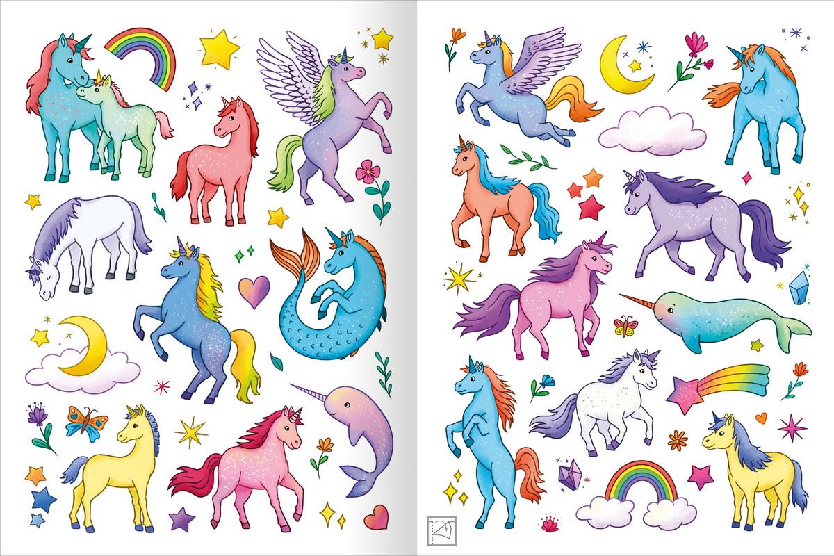 Gezeigt wird eine Innen- oder Zusatzansicht von „Mein schillerndes Stickerheft – Zauberhafte Einhornwelt“. Die Seiten sind mit bunten Einhörnern in verschiedenen Farben wie Pink, Blau, Lila und Gelb gestaltet. Ergänzt werden sie von fantasievollen Motiven wie Sterne, Regenbogen und Wolken. Die Illustrationen sind freundlich und kindgerecht, mit klaren Linien und lebendigen Farben, die eine zauberhafte, magische Atmosphäre erzeugen. Die Schrift ist groß und gut lesbar, ideal für...