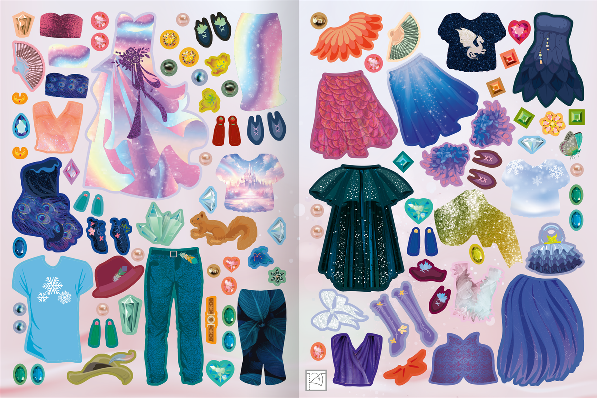 Gezeigt wird eine Innen- oder Zusatzansicht von „Sticker-Anziehpuppen Metallic – Winterfeen“. Die Seite präsentiert eine Vielzahl von bunten Stickern in verschiedenen Formen, darunter Kleider, Accessoires und Schuhe. Die Farbpalette umfasst sanfte Pastell- und lebendige Metallic-Töne wie Blau, Rosa, Lila und Grün. Jeder Sticker ist detailreich gestaltet und zeigt glitzernde Elemente, die die winterliche Thematik unterstreichen.