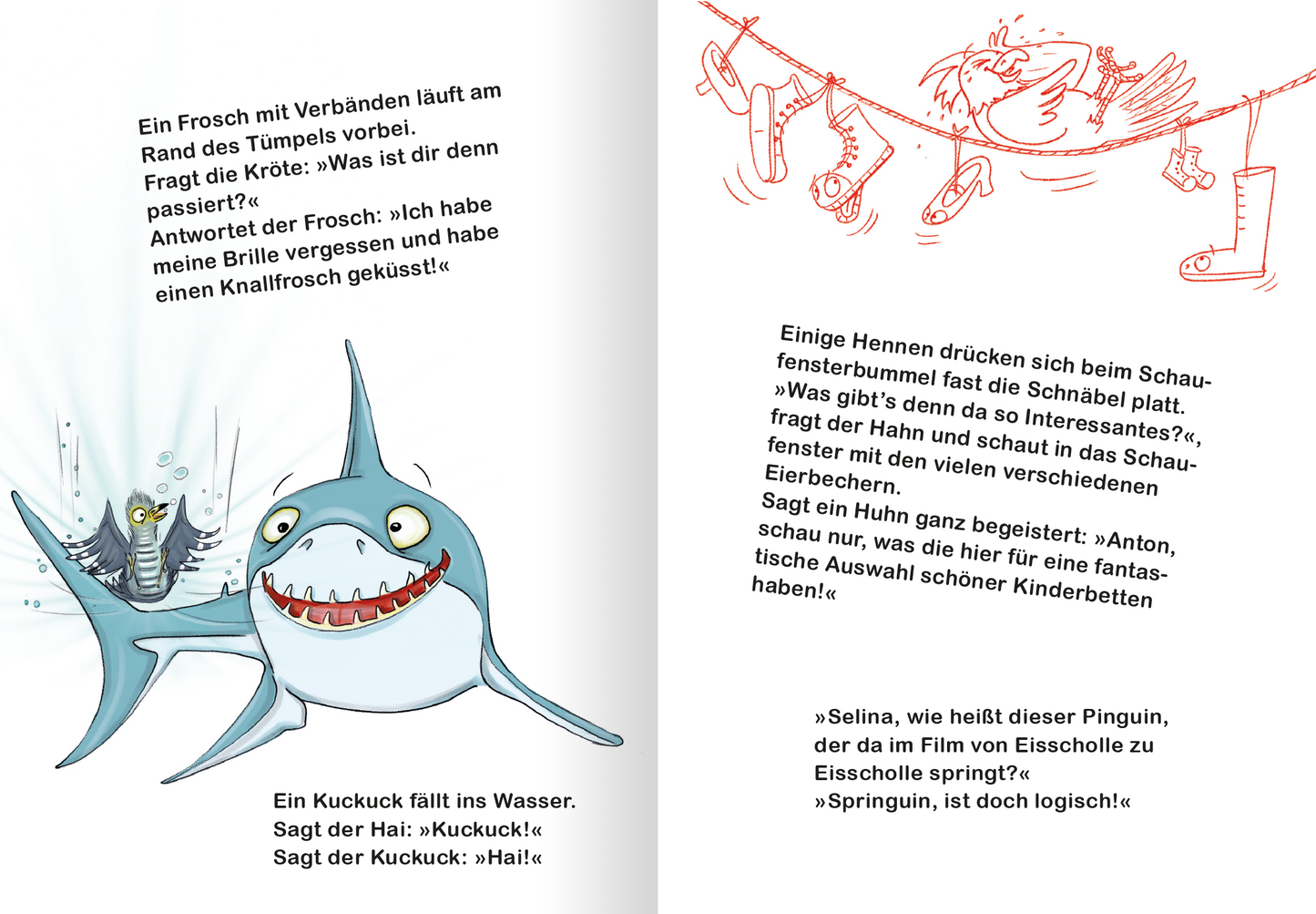 Gezeigt wird eine Innen- oder Zusatzansicht von „Mein tierisches Witzebuch“. Die Doppelseite gestaltet sich lebhaft mit bunten Illustrationen und humorvollen Texten. Auf der linken Seite ist einen lustigen Hai. Auf der rechten Seite ist ein lachender Hahn auf einer Wäscheleine zu erkennen. Die Texte sind leicht leserlich und locker auf den Seiten verteilt.