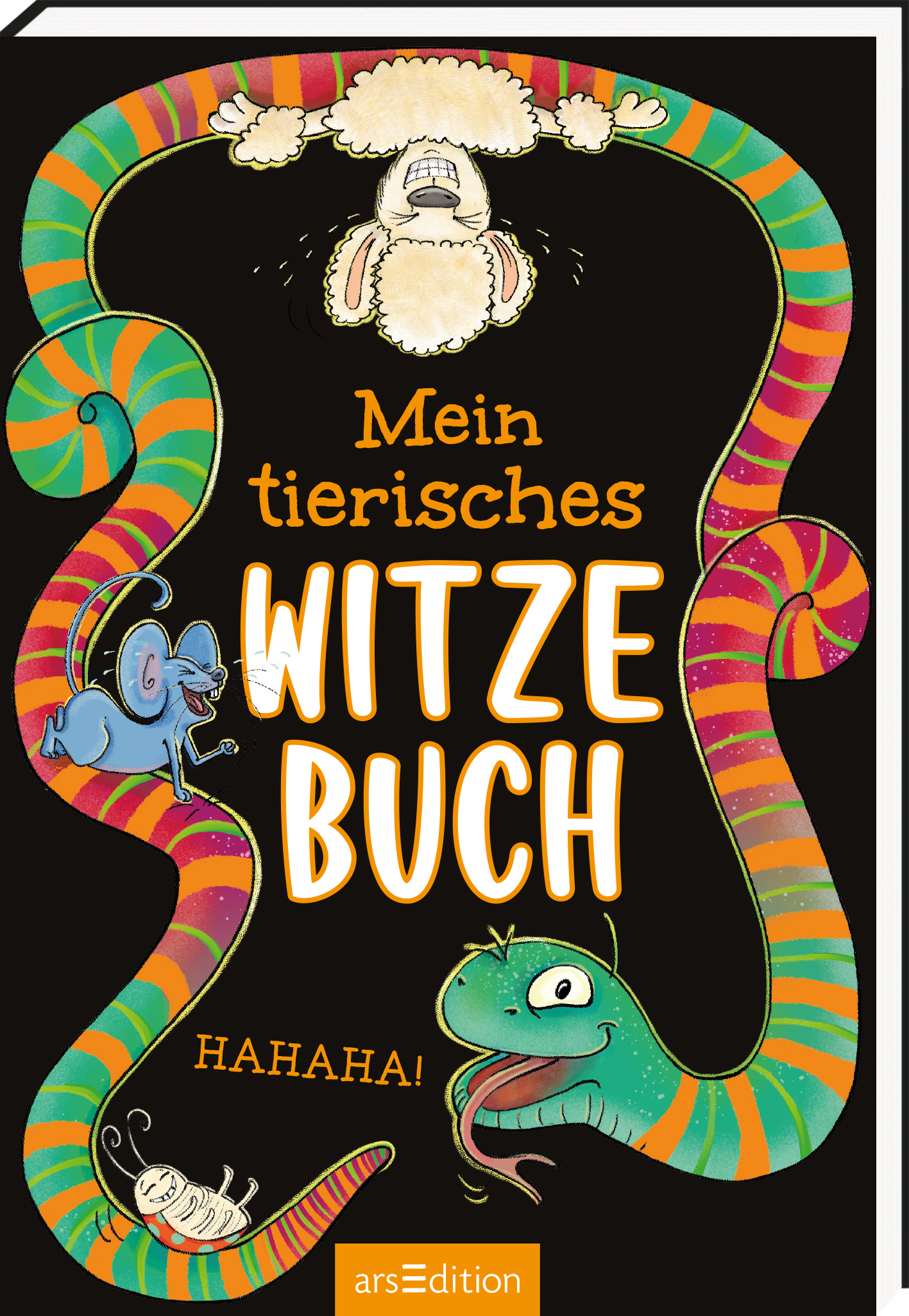 Zu sehen ist die 4D-Ansicht des Titels. Das Buchcover des Titels „Mein tierisches Witzebuch“ hat einen schwarzen Hintergrund, auf dem die neonfarbene Schlage, die sich um den Titel windet hervorsticht. Die Schlange hat ein verschmitztes Gesicht und ist grün, orange, rosa gestreift. Ein Marienkäfer, eine Maus und ein Schaf sitzen oder liegen auf der Schlage und lachen sich alle schlapp.