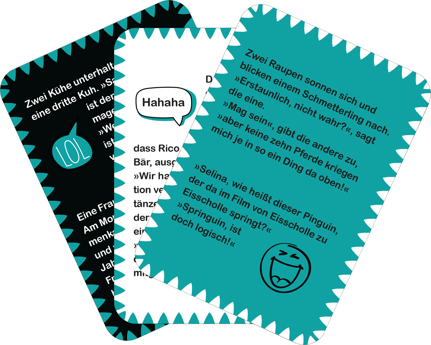 Gezeigt wird eine Innen- oder Zusatzansicht von „Tierische Witze“. Die Ansicht zeigt drei aufgefächerte Karten mit humorvollen Sprüchen, die in einer bunten, ansprechenden Typografie gedruckt sind. Die Farbpalette umfasst kräftiges Türkis, Schwarz und Weiß. Einige Karten enthalten Sprechblasen mit stilisierten Emotionen. Auf den Karten sind verschiedene Witze abgebildet, die durch einen verspielten Rahmen aus Zickzacklinien visuell voneinander getrennt sind.