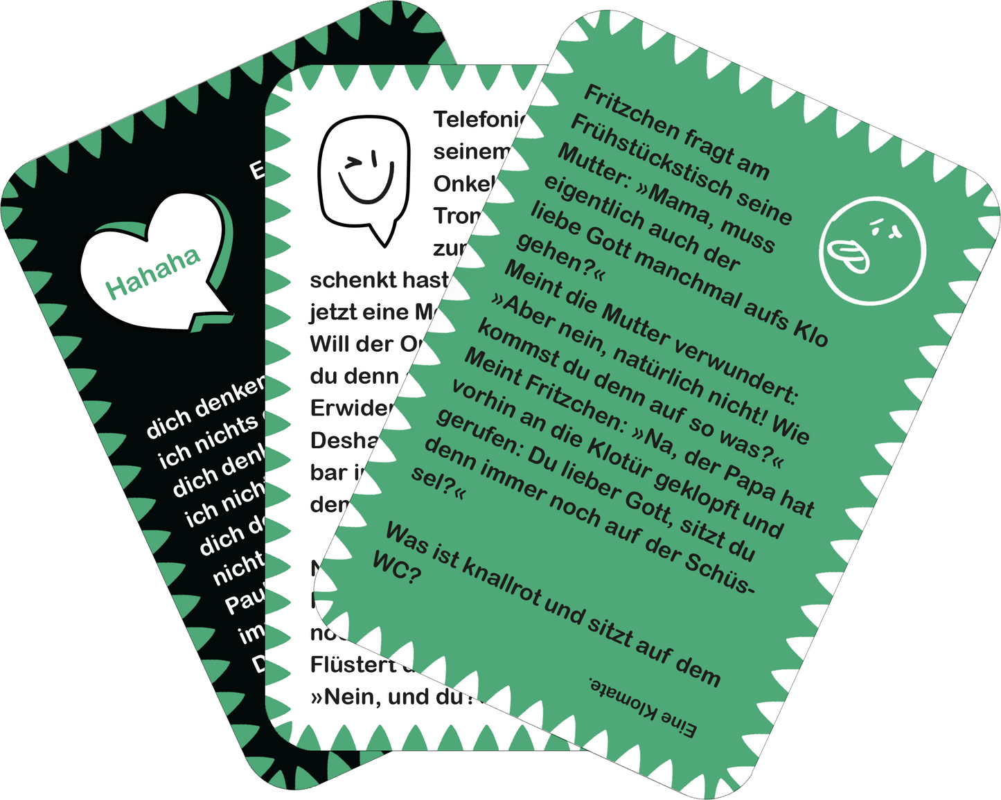 Gezeigt wird eine Innen- oder Zusatzansicht von „Pupslustige Witze“. Die Ansicht zeigt mehrere Karten mit humorvollen Inhalten. Die Karten sind in verschiedenen Farben gehalten, darunter Schwarz mit weißen und grün mit schwarzem Text. Typografische Elemente umfassen verschiedene Schriftarten, die die Witze hervorheben. Illustrative Symbole wie lachende Gesichter und Sprechblasen ergänzen die Gestaltung. Die Rahmen der Karten sind mit Zacken verziert, was ihnen eine verspielte Note...