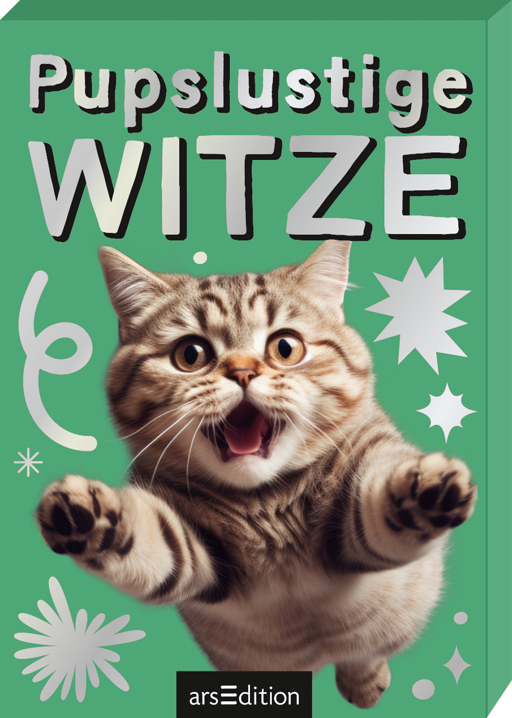 Das Buchcover zeigt einen gefüllten, mintgrünen Hintergrund, auf dem sich eine verspielte, freudig aufspringende Katze mit gestreiftem Fell in der Mitte präsentiert. Die Katzensilhouette wird von verschiedenen, bunten grafischen Elementen wie Sternen und Linien umrahmt. Der Titel „Pupslustige WITZE“ ist in großen, fetten Buchstaben gehalten, wobei „WITZE“ besonders betont wird. Ein SPIEGEL-Bestseller-Button ist in der oberen Ecke angebracht. Ganz unten mittig steht der...