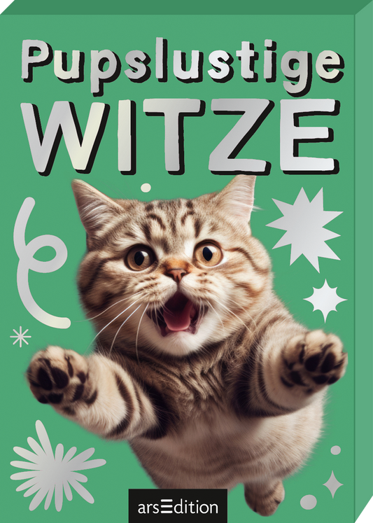 Das Buchcover zeigt einen gefüllten, mintgrünen Hintergrund, auf dem sich eine verspielte, freudig aufspringende Katze mit gestreiftem Fell in der Mitte präsentiert. Die Katzensilhouette wird von verschiedenen, bunten grafischen Elementen wie Sternen und Linien umrahmt. Der Titel „Pupslustige WITZE“ ist in großen, fetten Buchstaben gehalten, wobei „WITZE“ besonders betont wird. Ein SPIEGEL-Bestseller-Button ist in der oberen Ecke angebracht. Ganz unten mittig steht der...