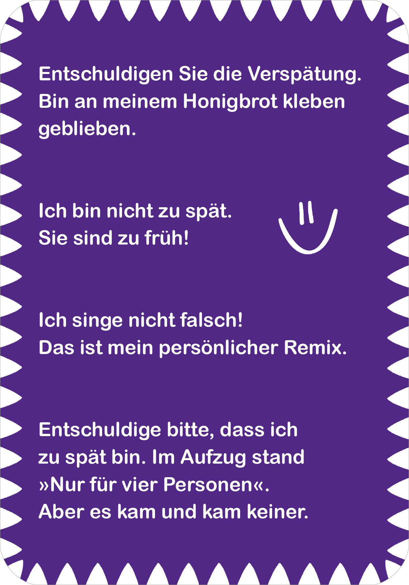 Gezeigt wird eine Innen- oder Zusatzansicht von „Ultrablöde Witze“. Der Hintergrund ist in einem satten Lila gehalten, mit einer gezackten Umrandung. In der Mitte finden sich verschiedene Witze, die in einer gut lesbaren, weißen Schrift präsentiert werden. Die Typografie ist humorvoll und einladend, unterstützt durch ein lächelndes Emoji. Die Witze sind klar strukturiert und vermitteln einen amüsanten Eindruck, der den Leser zum Schmunzeln anregt.