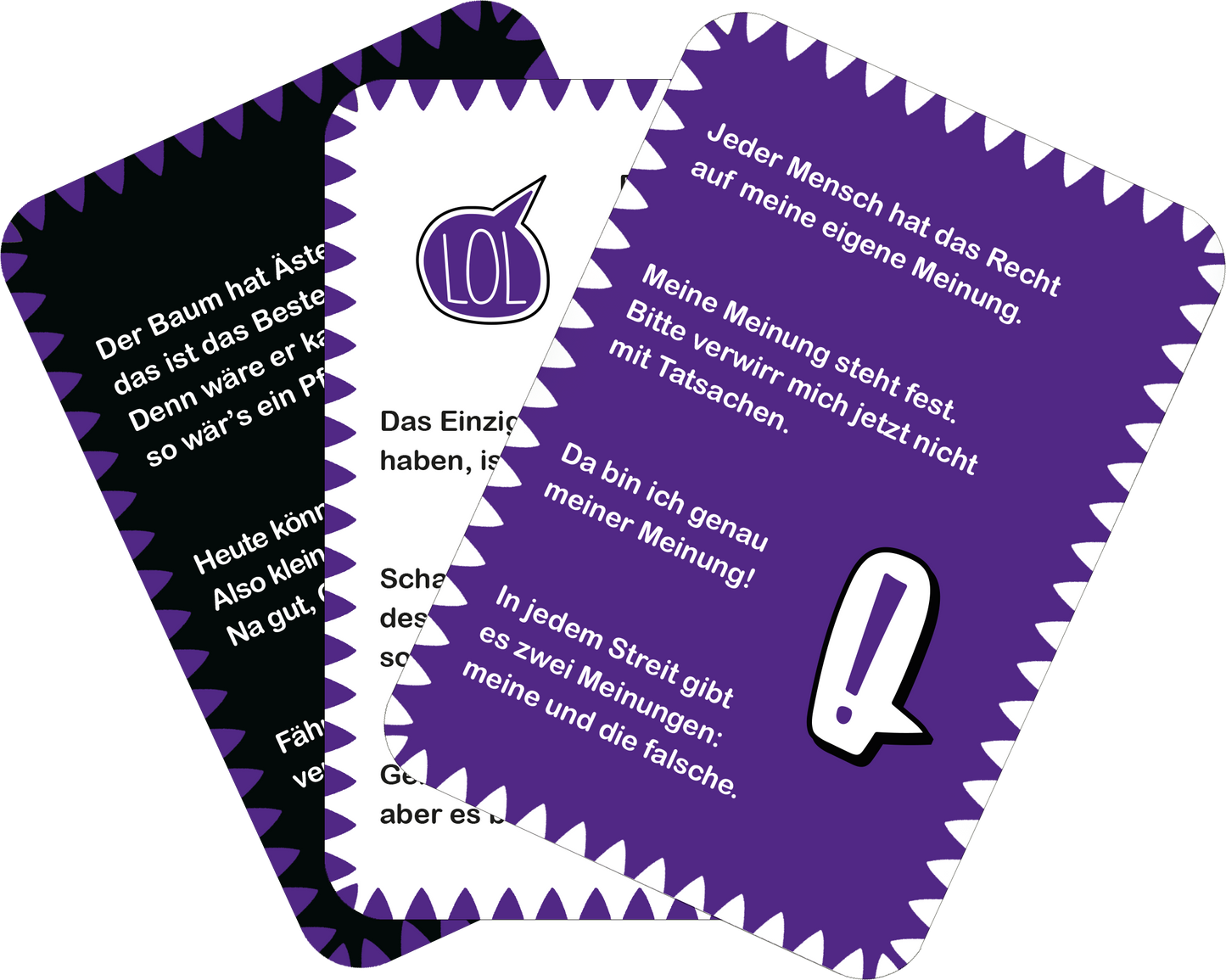 Gezeigt wird eine Innen- oder Zusatzansicht von „Ultrablöde Witze“. Die Ansicht präsentiert drei unterschiedlich gestaltete Karten in lebendigen Farben. Einige Karten sind in einem kräftigen Lila mit weißen Schriftzügen und einem lachenden Gesichtssymbol, während andere in Schwarz mit einer kontrastierenden, typografischen Gestaltung erscheinen. Typografie ist klar und gut lesbar, mit humorvollen Sprüchen, die den Spaß am Spiel betonen.