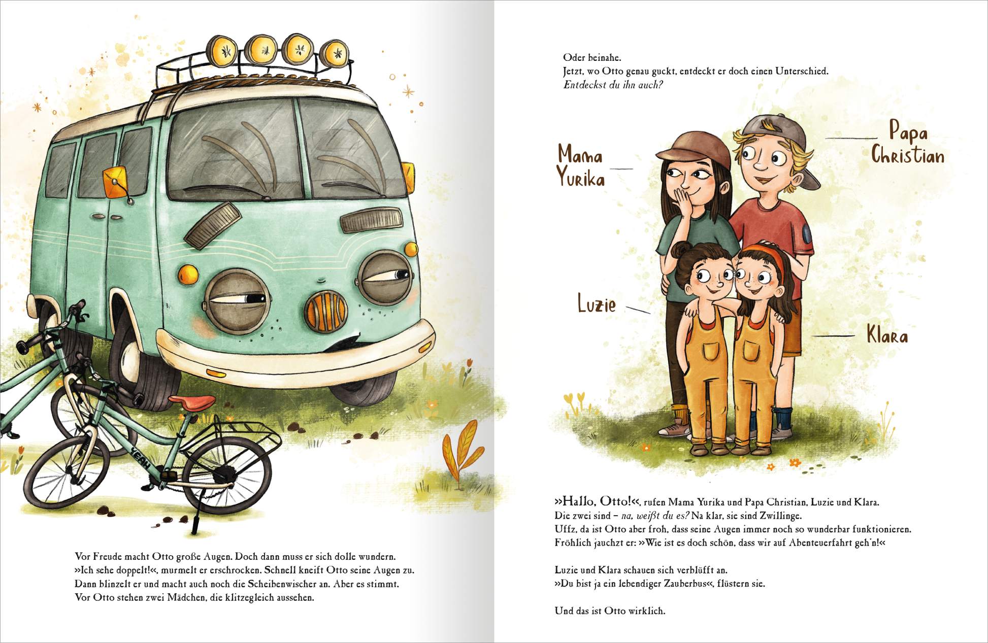 Gezeigt wird eine Innen- oder Zusatzansicht von „OTTO fährt los – Ein Sommer in den Bergen“. Die Illustration zeigt einen nostalgischen, türkisfarbenen Campingbus mit großen Scheinwerfern als Augen. Daneben stehen zwei Fahrräder. Rechts stehen die Charaktere Mama Yurika, Papa Christian und die Zwillinge Luzie und Klara in orangefarbenen Overalls, freundlich auf den Campingbus blickend. Die kindliche Schriftart und sanften Farbtöne verleihen der Seite eine einladende und fröhliche...