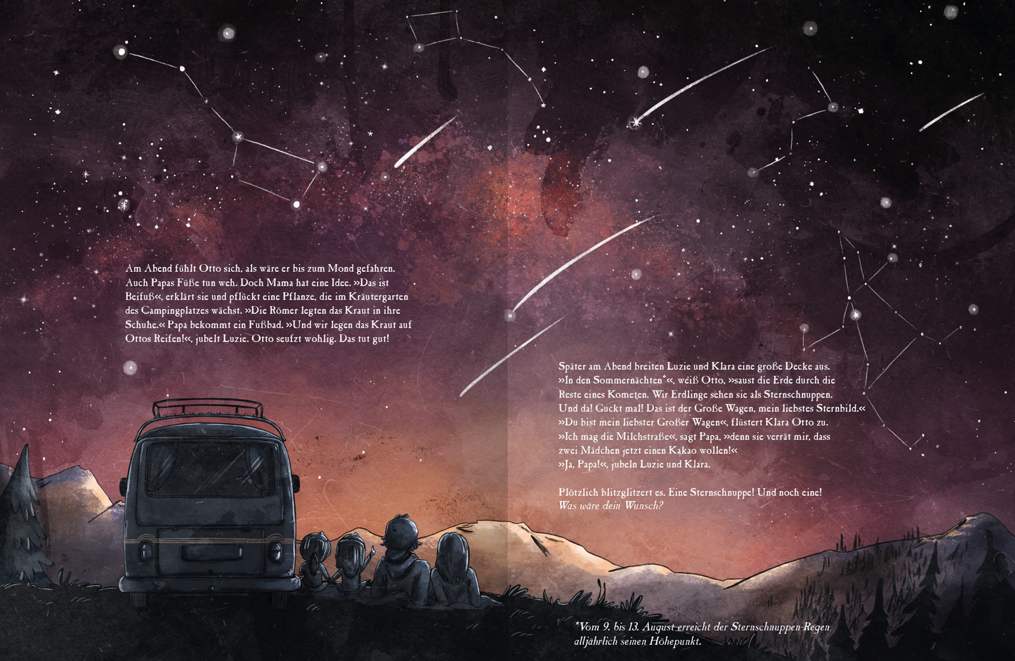 Gezeigt wird eine Innen- oder Zusatzansicht von „OTTO fährt los – Ein Sommer in den Bergen“. Die Illustration zeigt einen nächtlichen Himmel mit strahlenden Sternen und Sternbildern in sanften Farben von Pink, Lila und Blau. Im Vordergrund sitzen zwei Kinder und zwei Erwachsene neben ihrem Van auf einer Decke und schauen in den Himmel und auf eine Berghorizontlinie, die in dunklen Tönen gehalten ist. Die Schrift ist verspielt und gut lesbar, wobei die Charaktere mit Begeisterung in den...