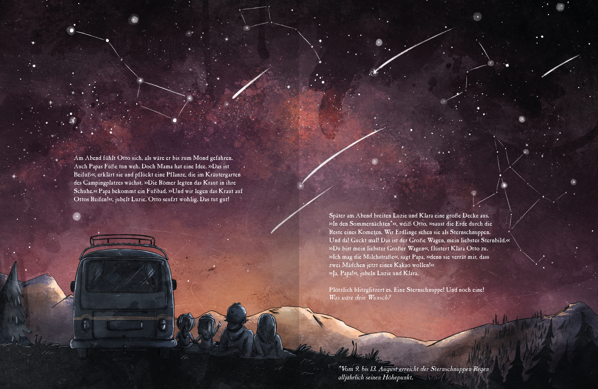 Gezeigt wird eine Innen- oder Zusatzansicht von „OTTO fährt los – Ein Sommer in den Bergen“. Die Illustration zeigt einen nächtlichen Himmel mit strahlenden Sternen und Sternbildern in sanften Farben von Pink, Lila und Blau. Im Vordergrund sitzen zwei Kinder und zwei Erwachsene neben ihrem Van auf einer Decke und schauen in den Himmel und auf eine Berghorizontlinie, die in dunklen Tönen gehalten ist. Die Schrift ist verspielt und gut lesbar, wobei die Charaktere mit Begeisterung in den...