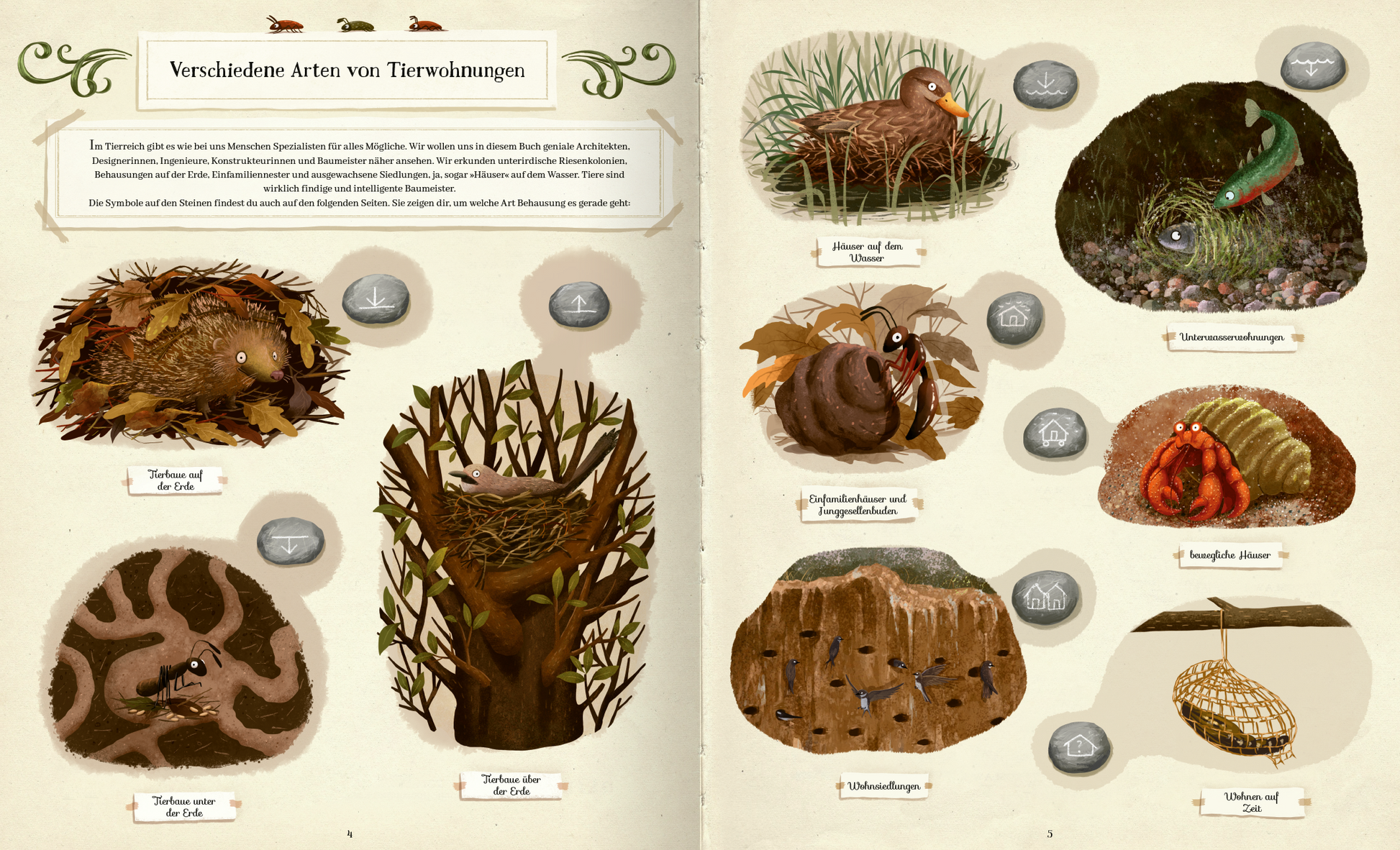 Gezeigt wird eine Innen- oder Zusatzansicht von „Tierisch gut gebaut – Von Nestern, Höhlen und anderen Tierwohnungen“. Die Doppelseite zeigt verschiedene Arten von Tierwohnungen, illustriert in sanften Erdtönen und lebhaften Farben. Über den Bildern sind beschreibende Texte in einer klaren, gut lesbaren Schrift platziert. Die Tierwohnungen sind detailliert abgebildet, z. B. ein Vogelnest, eine Baumhöhle und ein Bienenstock, umgeben von prächtigen Pflanzen und Tieren, die deren...