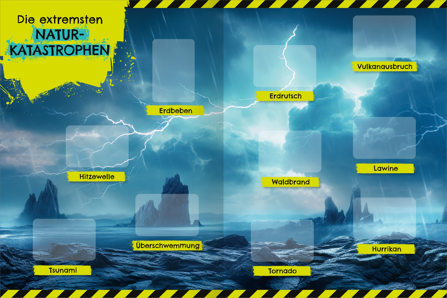 Gezeigt wird eine Innenansicht von „Das gefährlichste Stickerheft der Welt“. Der Hintergrund zeigt ein dramatisches Naturereignis mit dunklen Wolken und Blitzen, in Blautönen gehalten. Gelbe und schwarze Warnstreifen umrahmen die Seite. Mehrere leere Kästchen sind für Sticker vorgesehen, die verschiedene extreme Naturkatastrophen benennen: „Erdbeben“, „Sturm“, „Tornado“ und weitere. Die Schrift ist fett und gut lesbar, ergänzt durch dynamische grafische Elemente in...