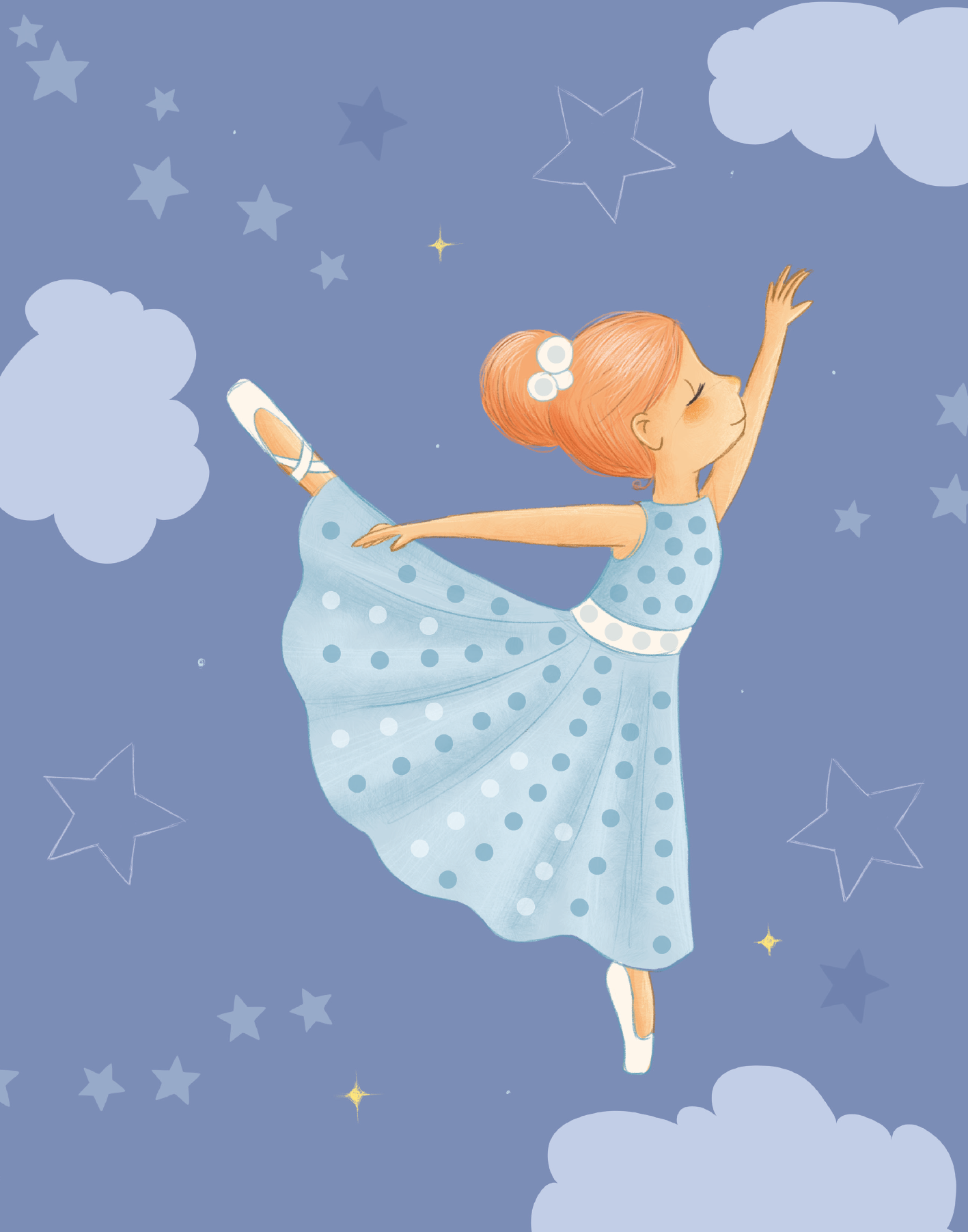 Gezeigt wird eine Innen- oder Zusatzansicht von „Diamantsticker Anziehpuppen – Ballett“. Die Abbildung zeigt ein balletttänzerisches Mädchen mit roten Haaren, das elegant in einem hellblauen, gepunkteten Kleid tanzt. Der Hintergrund ist in einem sanften Blau gehalten und ergänzt mit weißen Wolken und schimmernden Sternen. Die Farben sind pastellartig und harmonisch.