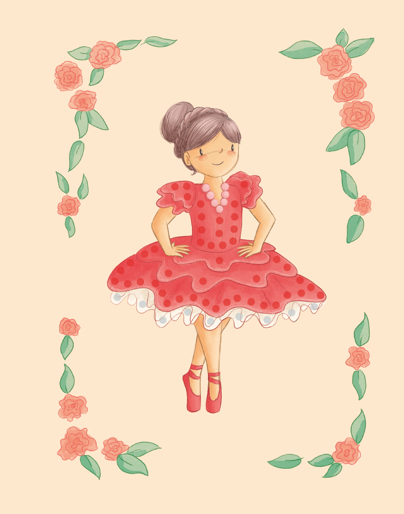 Gezeigt wird eine Innen- oder Zusatzansicht von „Diamantsticker Anziehpuppen – Ballett“. Die Illustration zeigt ein Mädchen in einem auffälligen, rot gepunkteten Ballettkleid mit Rüschendetails und einer fröhlichen Pose. Sie trägt rote Ballettschuhe und hat eine dunkle, hochgesteckte Frisur. Umrahmt wird die Figur von einem zarten, floral gestalteten Rahmen in sanften Rosa- und Grüntönen, was die verspielte Thematik unterstreicht.