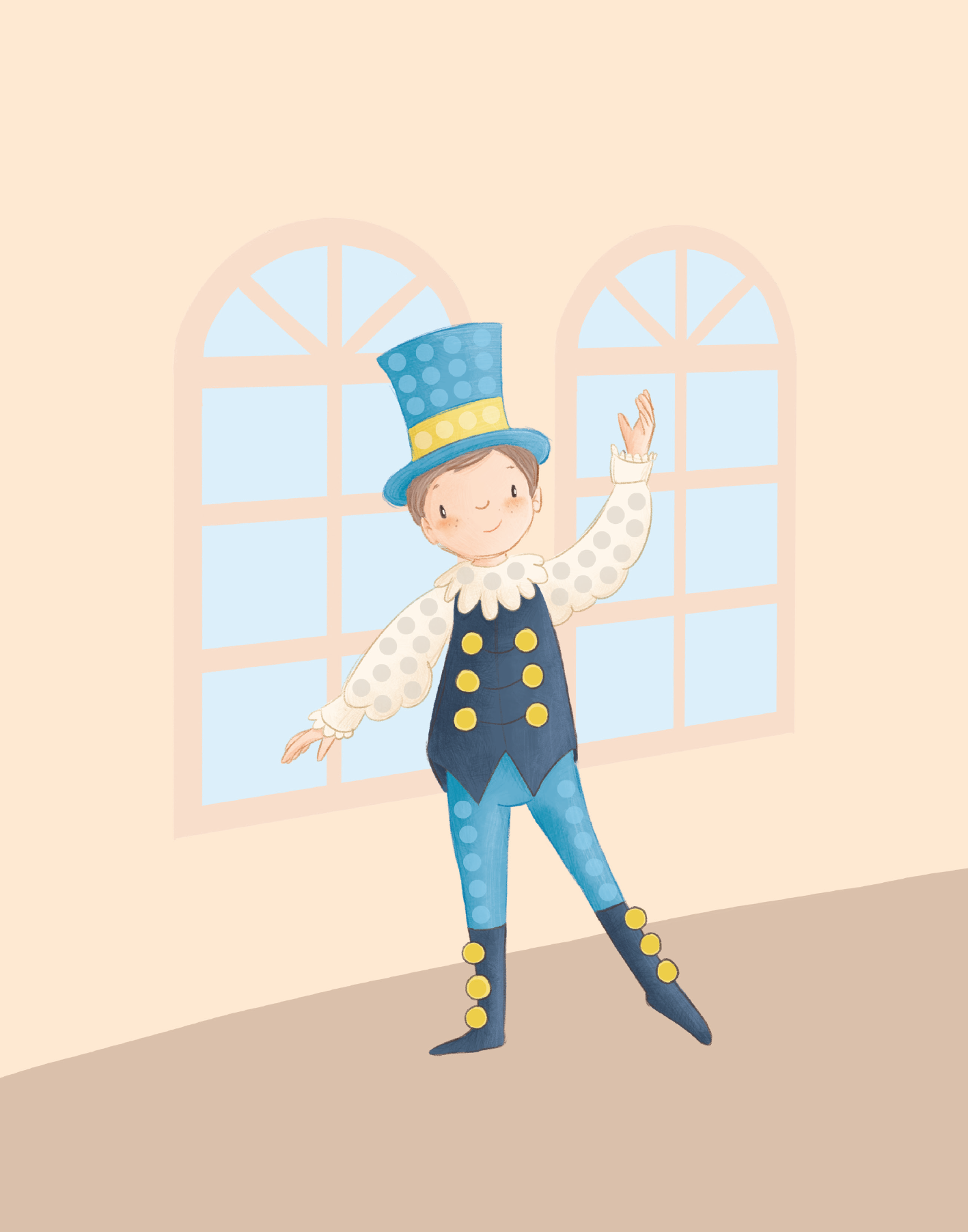 Gezeigt wird eine Innen- oder Zusatzansicht von „Diamantsticker Anziehpuppen – Ballett“. Die Illustration zeigt eine Anziehpuppe in einem bunten Ballettkostüm, das aus einem blauen Oberteil mit auffälligen gelben Knöpfen und einer weißen, gepunkteten Bluse besteht. Die Puppe trägt einen hohen, blauen Zylinder mit gelben und weißen Punkten. Im Hintergrund sind zwei Fenster mit hellblauen Rahmen zu sehen, die sanftes Licht in den Raum lassen. Der Hintergrund ist in einem warmen,...
