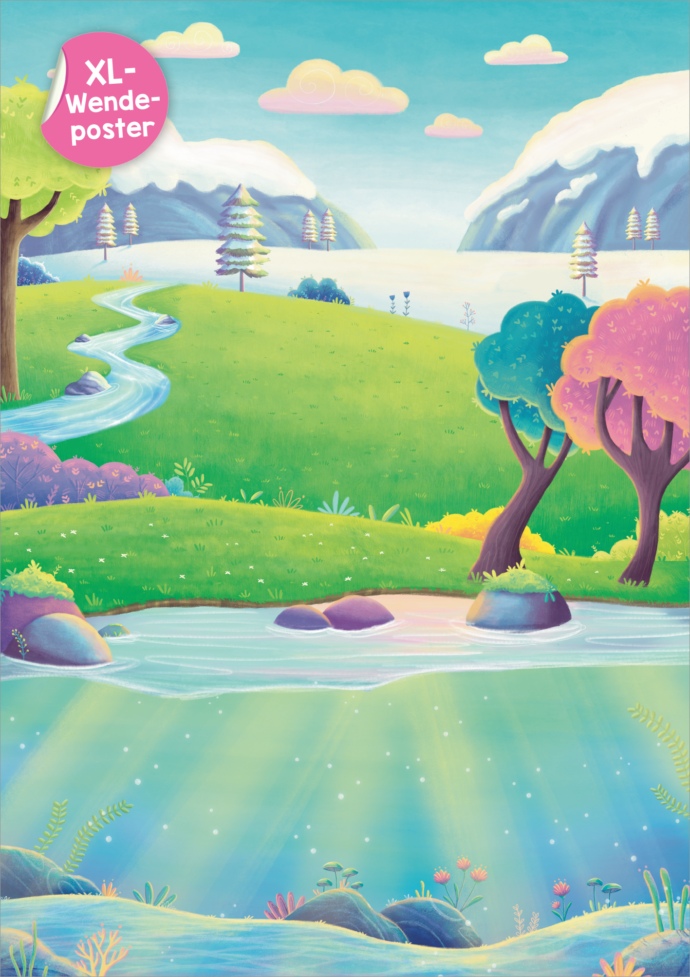 Gezeigt wird eine Innen- oder Zusatzansicht von „Mein XL Sticker-Poster Einhörner“. Die Illustration zeigt eine malerische Landschaft mit sanften Hügeln, schimmerndem Wasser und bunten Bäumen in verschiedenen Farben wie Türkis, Rosa und Grün. Im Hintergrund sind schneebedeckte Berge. Ein klarer Wasserlauf schlängelt sich durch die Szene und reflektiert das Licht in sanften Strahlen. Unter der Wasseroberfläche ist ein romantisches Flussbett zu sehen, mit stienen und...