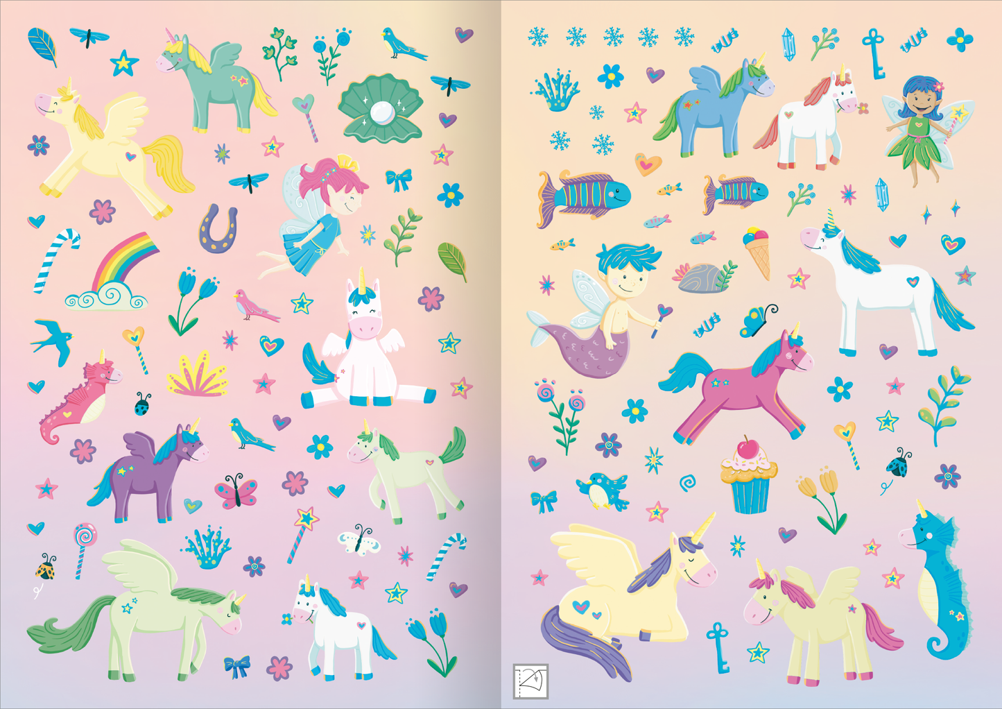 Gezeigt wird eine Innen- oder Zusatzansicht von „Mein XL Sticker-Poster Einhörner“. Das Poster zeigt eine bunte Anordnung von zauberhaften Einhörnern, Feen und anderen Tierfiguren, umgeben von floralen Mustern und verschiedenen Symbolen wie Regenbögen und Sternen. Die Farben reichen von sanften Pastelltönen wie Rosa, Blau und Grün bis hin zu lebhaften Akzenten.