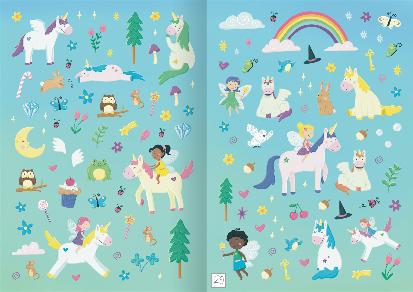 Gezeigt wird eine Innen- oder Zusatzansicht von „Mein XL Sticker-Poster Einhörner“. Die Illustration zeigt einen Stickerbogen. Es gibt Sticker zu zahlreichen Einhörnern in sanften Pastellfarben, darunter Rosa, Blau und Grün. Ergänzt durch bunte Elemente wie Feen, Tiere, Blumen und Herzen, die verteilt auf einem himmelblauen Hintergrund angeordnet sind.