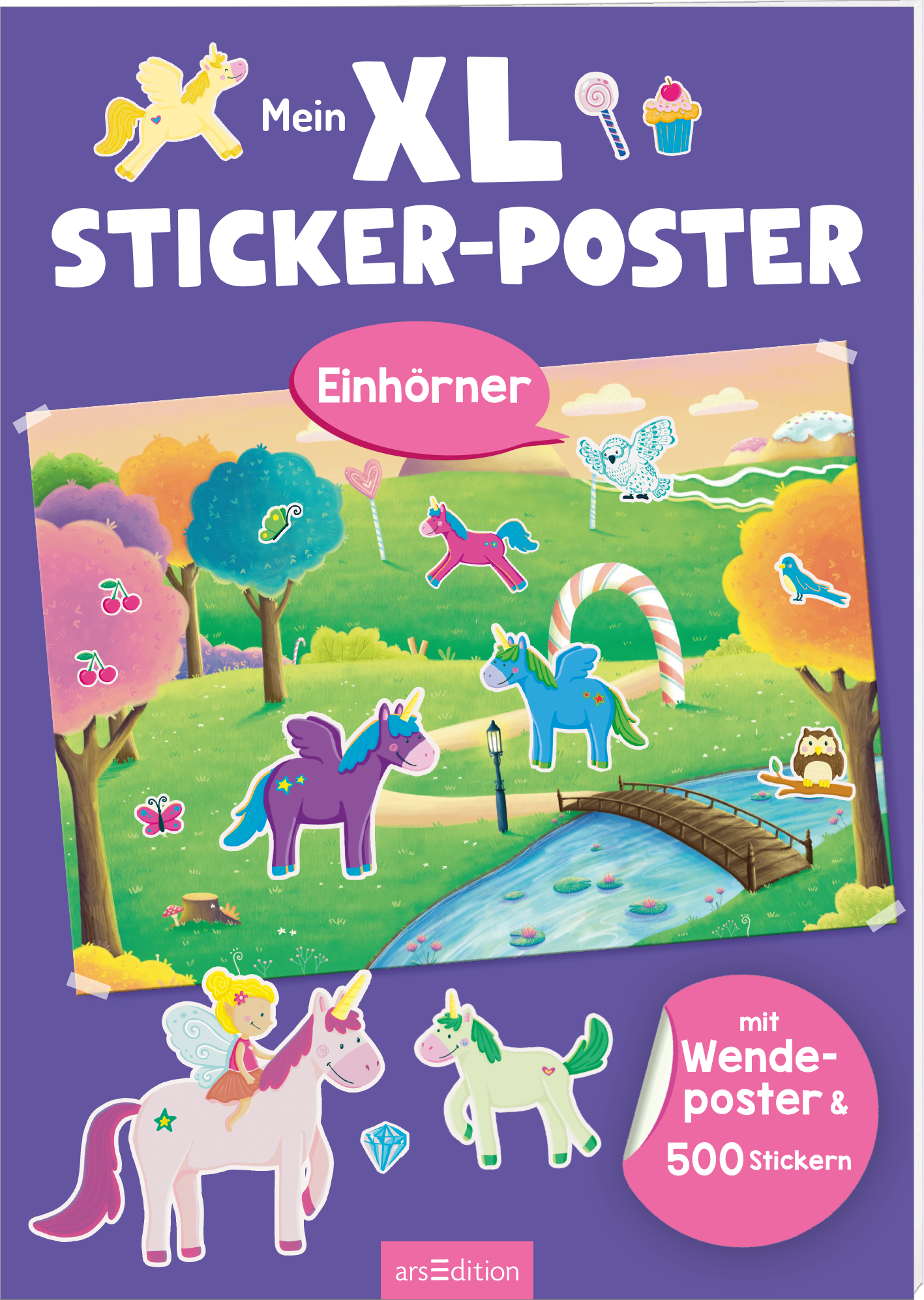 Zu sehen ist die 3D-Ansicht des Titels. Auf dem bunten Cover steht der Titel „Mein XL STICKER-POSTER“ in großen, weißen Buchstaben auf lila Grund. Darunter prangt das Wort „Einhörner“ in einer ovalen pinken Sprechblase. Das Cover zeigt eine zauberhafte Landschaft mit Einhörnern in verschiedenen Farben, einem Wasserlauf und verschiedenen bunten Stickern, die auf dem Poster platziert sind. Die fröhliche Atmosphäre wird durch die bunten Farben und verspielten Elemente verstärkt....