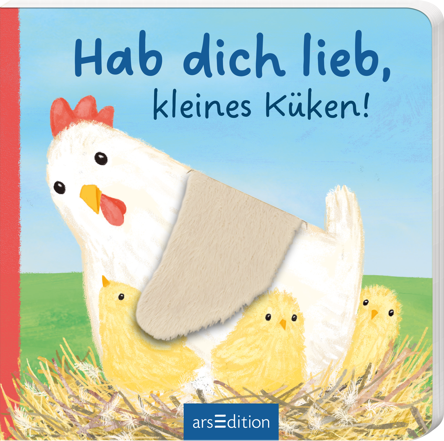 Das Buchcover zeigt eine freundliche Henne mit einer roten Kammfarbe, die liebevoll ein kleines gelbes Küken unter ihrem Flügel beschützt. Im Vordergrund sind zwei weitere Küken, die neugierig aus einer Strohhöhle schauen. Der Hintergrund ist in sanften Blau- und Grüntönen gehalten und vermittelt eine heitere Atmosphäre. Die Titelschrift „Hab dich lieb, kleines Küken!“ ist in einer verspielten, kindgerechten typografischen Schrift gestaltet. Ganz oben mittig steht der...