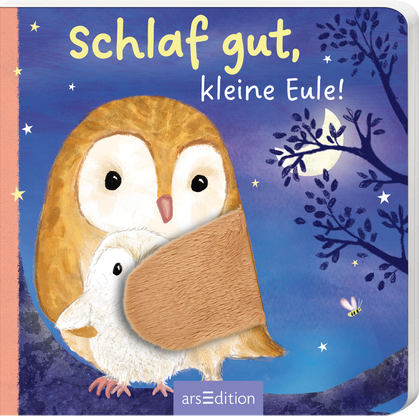 Das Buchcover zeigt eine stilisierte, sanfte Illustration von zwei Eulen auf einem nächtlichen Hintergrund in Blau- und Lilatönen. Die große Eule umarmt die kleine Eule und wirkt beruhigend. In der oberen Hälfte des Covers steht in verspielter Schrift „Schlaf gut, kleine Eule!“ in Gelb, das die Freundlichkeit des Themas betont. Unten links ist ein aufgedruckter Farbklotz, der wie ein gefiederter Teil aussieht. Ganz unten mittig steht der Logoschriftzug von arsEdition.