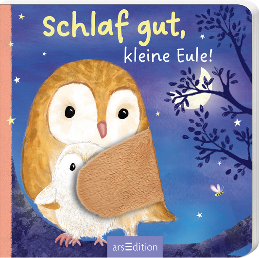 Das Buchcover zeigt eine stilisierte, sanfte Illustration von zwei Eulen auf einem nächtlichen Hintergrund in Blau- und Lilatönen. Die große Eule umarmt die kleine Eule und wirkt beruhigend. In der oberen Hälfte des Covers steht in verspielter Schrift „Schlaf gut, kleine Eule!“ in Gelb, das die Freundlichkeit des Themas betont. Unten links ist ein aufgedruckter Farbklotz, der wie ein gefiederter Teil aussieht. Ganz unten mittig steht der Logoschriftzug von arsEdition.