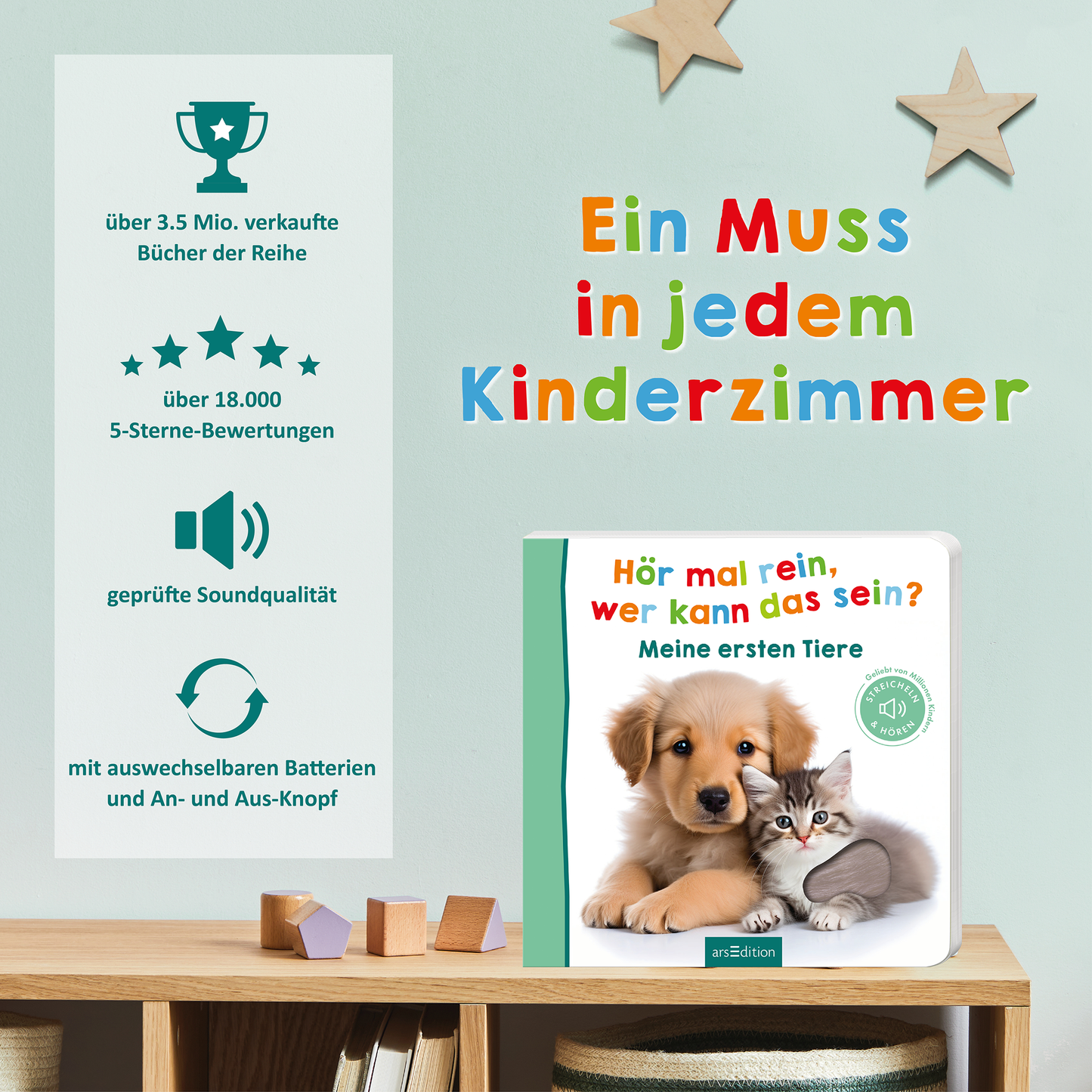Gezeigt wird eine Innen- oder Zusatzansicht von „Hör mal rein, wer kann das sein? – Meine ersten Tiere“. Die Ansicht enthält das Buchcover mit einem verspielten Layout. Es zeigt einen süßen Hund und eine Katze auf einem hellen Hintergrund. Die Titelgrafik ist farbenfroh gestaltet, mit den Worten „Hör mal rein, wer kann das sein?“ in einer kindgerechten Schriftart. Über dem Buch sind Informationen in bunten Buchstaben zu finden, die positive Bewertungen und Produktmerkmale...