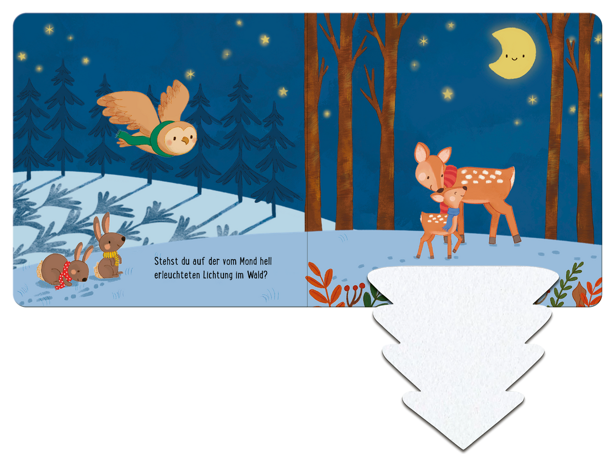 Gezeigt wird eine Innen- oder Zusatzansicht von „Kuckuck, wo bist du? Im Winter“. Die Illustration zeigt eine nachtszenenreiche Waldlandschaft mit einem dunklen blauen Himmel. Eine Eule fliegt über eine Wiese, während zwei Hasen am Boden hocken. Rechts stehen ein Rehkitz und eine Rehgeiß, die einander zärtlich berühren. Die Bäume im Hintergrund sind in warmen Brauntönen gehalten, während leuchtend gelbe Sterne und ein Mond mit Gesicht am Himmel strahlen. Die Schrift ist kindgerecht...