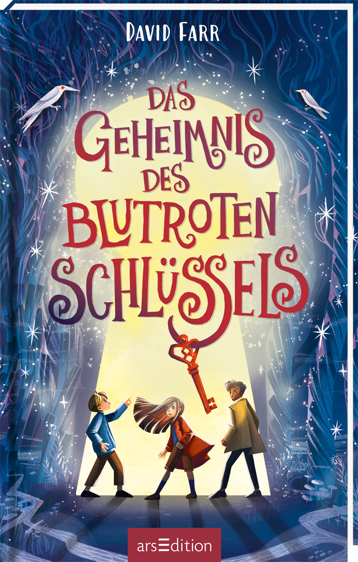 Ein mystischer Wald mit blauen und lila Farbtönen umgibt die Protagonisten. In der Mitte steht ein leuchtend roter Schlüssel, während die drei Figuren – ein Junge und ein Mädchen auf der linken Seite sowie ein weiterer Junge auf der rechten – gebannt schauen. Der Titel „Das Geheimnis des blutroten Schlüssels“ ist in verschnörkelter Schrift zentral platziert. Ein „SPIEGEL Bestseller“-Button ist oben links zu sehen. Ganz unten mittig steht der Logoschriftzug von arsEdition.