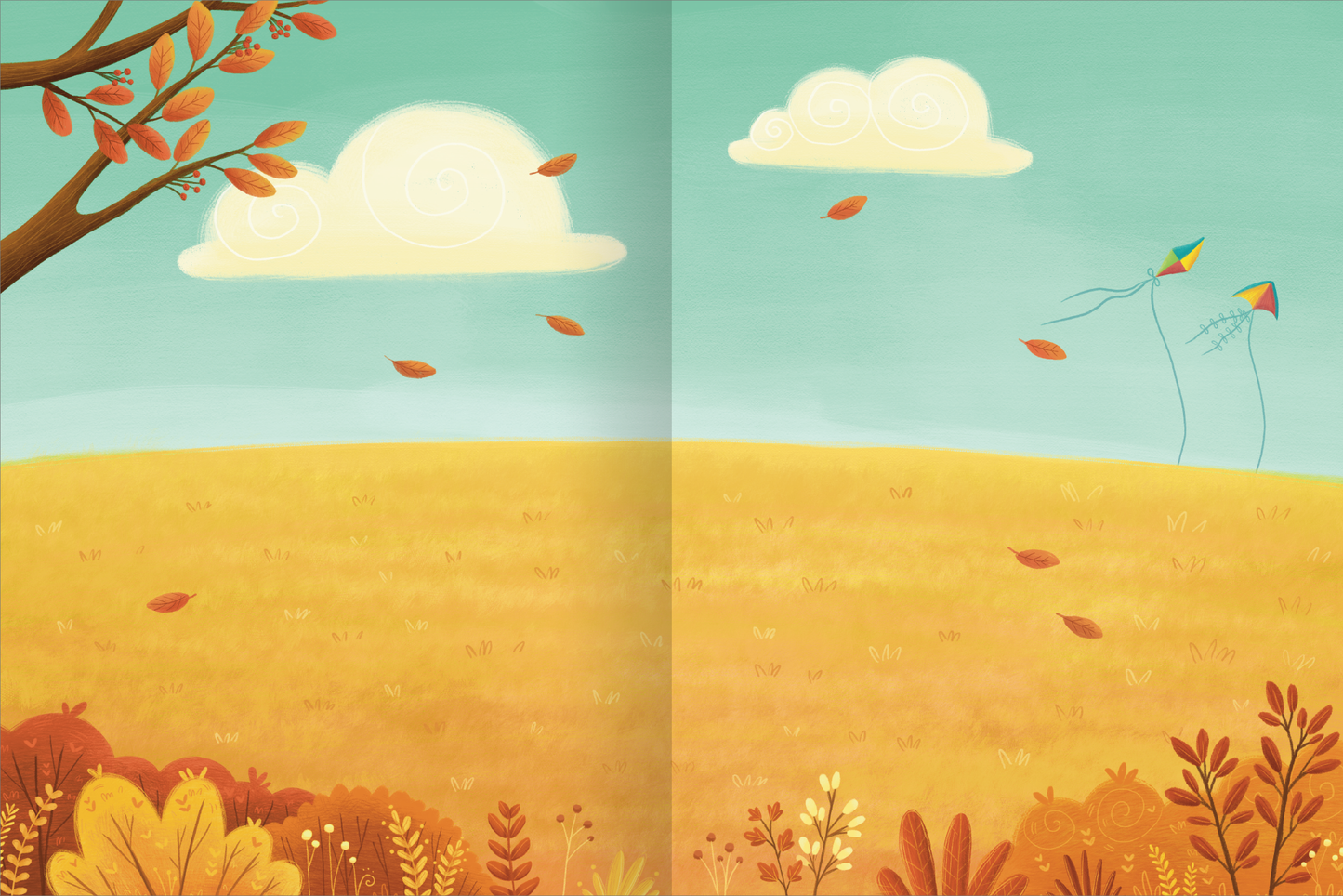 Gezeigt wird eine Innen- oder Zusatzansicht von „Erstes Stickern – Im Herbst“. Die Illustration zeigt eine herbstliche Landschaft mit einem sanften, blauen Himmel und zwei weißen, geschwungenen Wolken. Der Boden ist in warmen Gelbtönen gehalten, während bunte Blätter und Pflanzen in verschiedenen Orangetönen im Vordergrund zu sehen sind. Ein bunter Drachen schwebt in der rechten oberen Ecke, was ein Gefühl von Bewegung und Freude vermittelt.