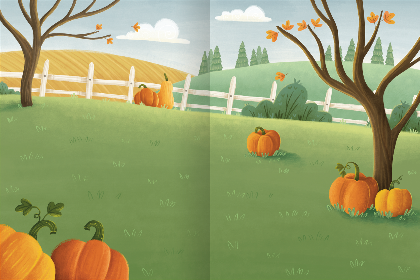 Gezeigt wird eine Innen- oder Zusatzansicht von „Erstes Stickern – Im Herbst“. Die Illustration zeigt eine herbstliche Landschaft mit sanften grünen Wiesen und einer weißen Zaunlinie im Hintergrund. Über die Wiese verstreut stehen mehrere orangefarbene Kürbisse, einige in leuchtendem Orange und andere in sanftem Gelb. Im oberen Bereich sind vereinzelte weiße Wolken und ein paar herabfallende Blätter zu sehen. Die Farben sind warm und einladend.