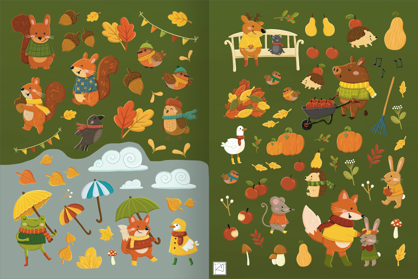 Gezeigt wird eine Innen- oder Zusatzansicht von „Erstes Stickern – Im Herbst“. Es wird ein Stickerbogen gezeigt, auf dem verschiedene Tiere, darunter Eichhörnchen, Vögel und ein Fuchs, die auf einer grünen Fläche dargestellt sind, zu sehen sind. Dominierende Farben sind warme Erdtöne, Orange, Gelb, grün und Braun. Die Tiere tragen herbstliche Kleidung und sind umgeben von herabfallenden Blättern, Pilzen und Kürbissen. Auf der linken Seite hat der Hintergrund auf der unteren...