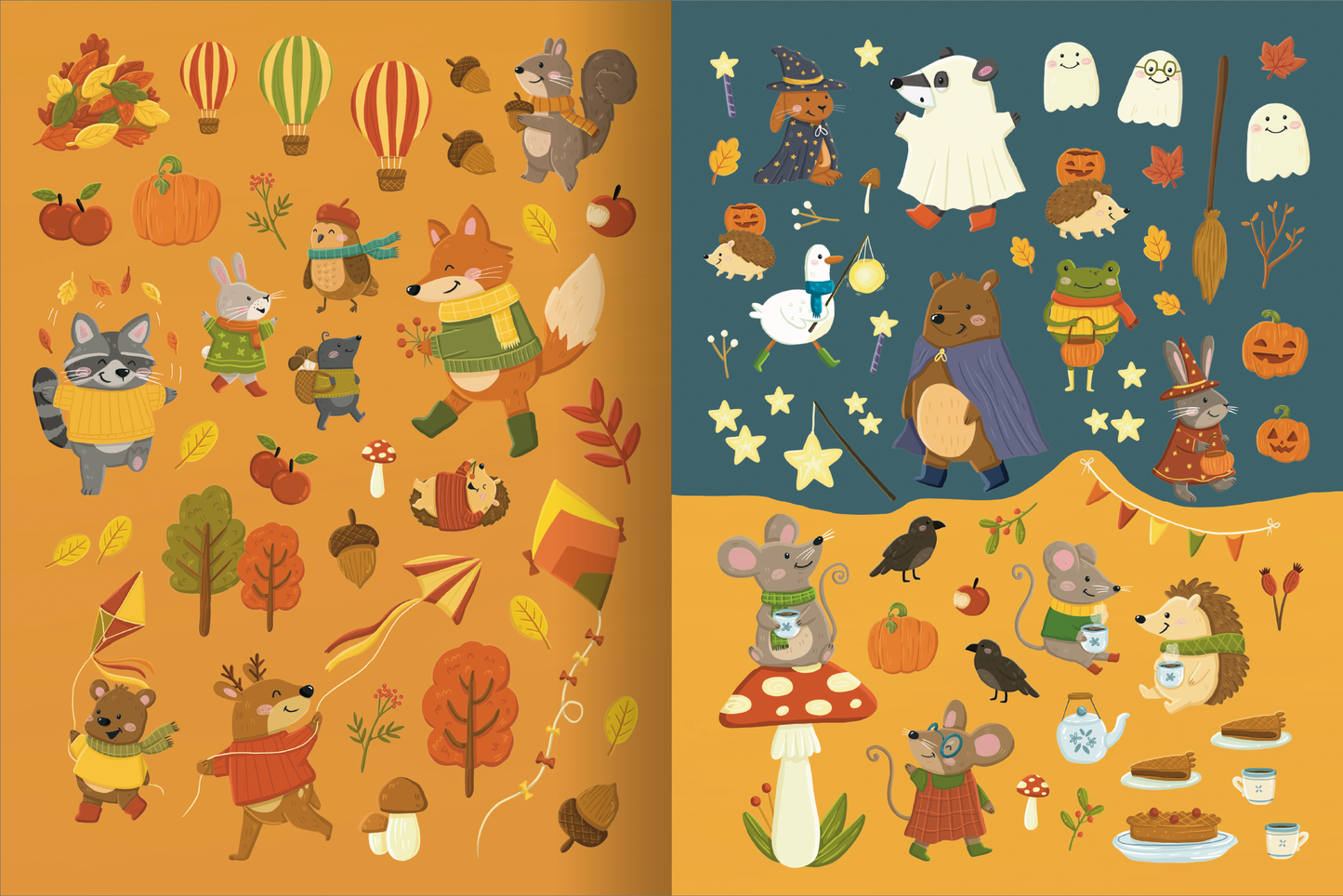 Gezeigt wird eine Innen- oder Zusatzansicht von „Erstes Stickern – Im Herbst“. Auf der linken Seite sind verschiedene niedliche Tiere wie ein Bär in einem Umhang und Mäuse, die Kaffee trinken, vor einem dunklen blauen und einem orangenen Hintergrund abgebildet. Auf der rechten Seite strahlen leuchtende herbstliche Farben wie Orange und Gelb mit Motiven von Pilzen, bunten Blättern und verschiedenen Käfern.